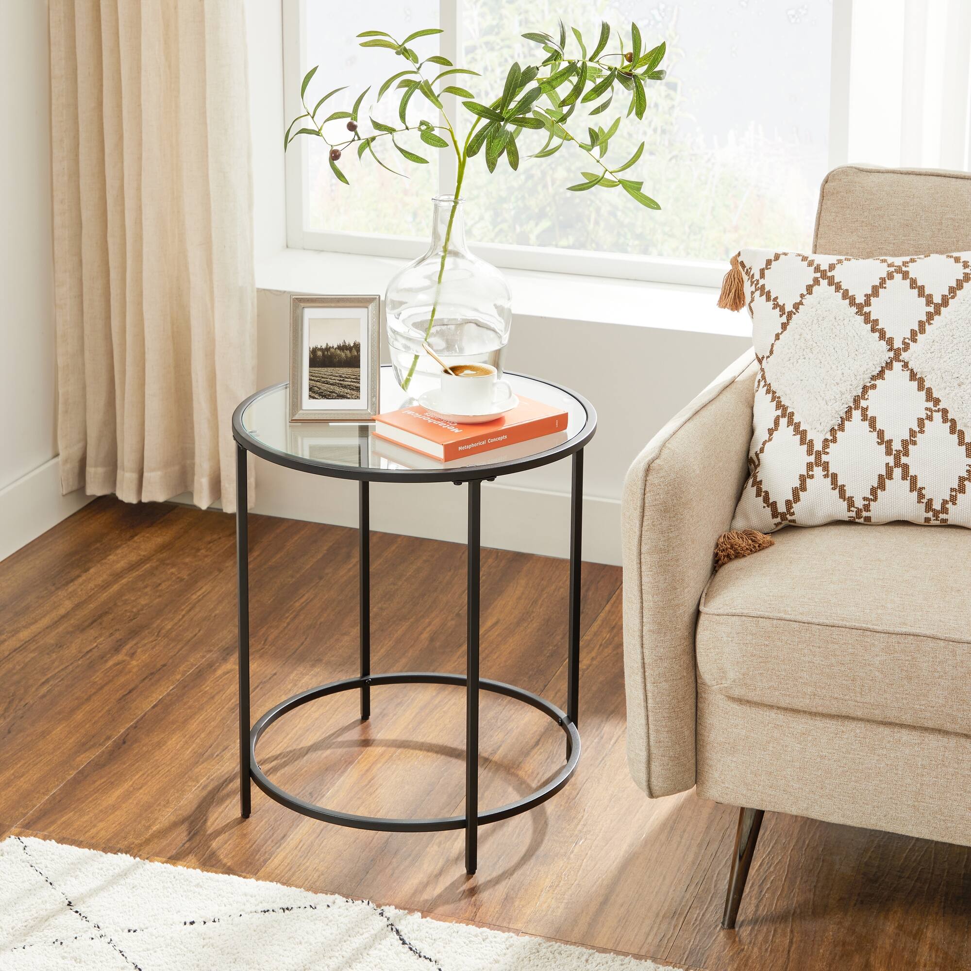 Angle. Songmics Home - Round Side Tables, Set of 2, Glass End Tables with Metal Frame, Black Coffee Tables with Modern Style, for Living Room - Black.