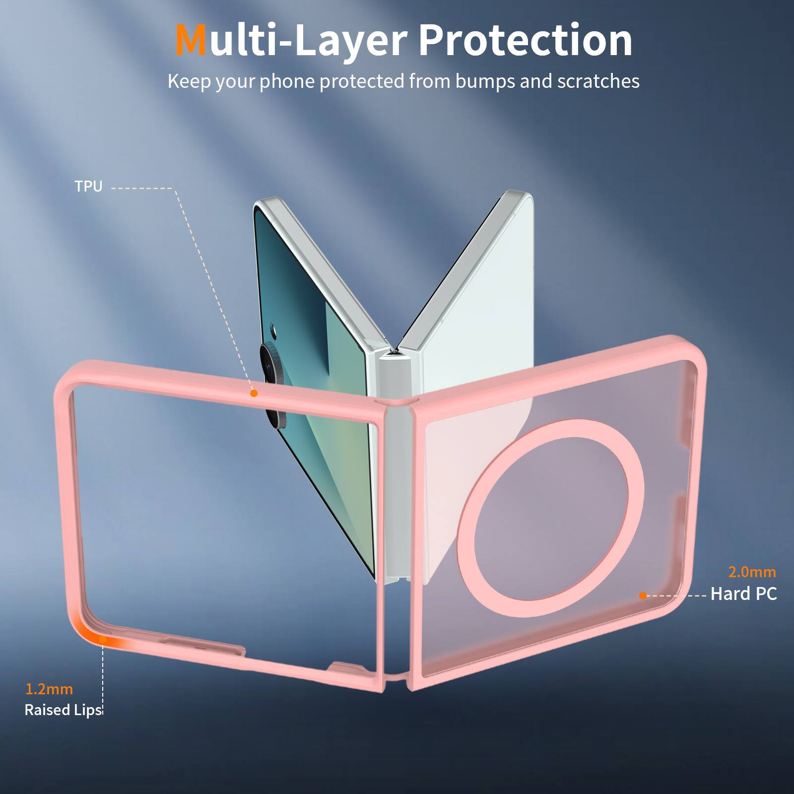 Multi-Layer Protection  
Keep your phone protected from bumps and scratches  

TPU 2.0mm  
Hard PC 1.2mm  
Raised Lips