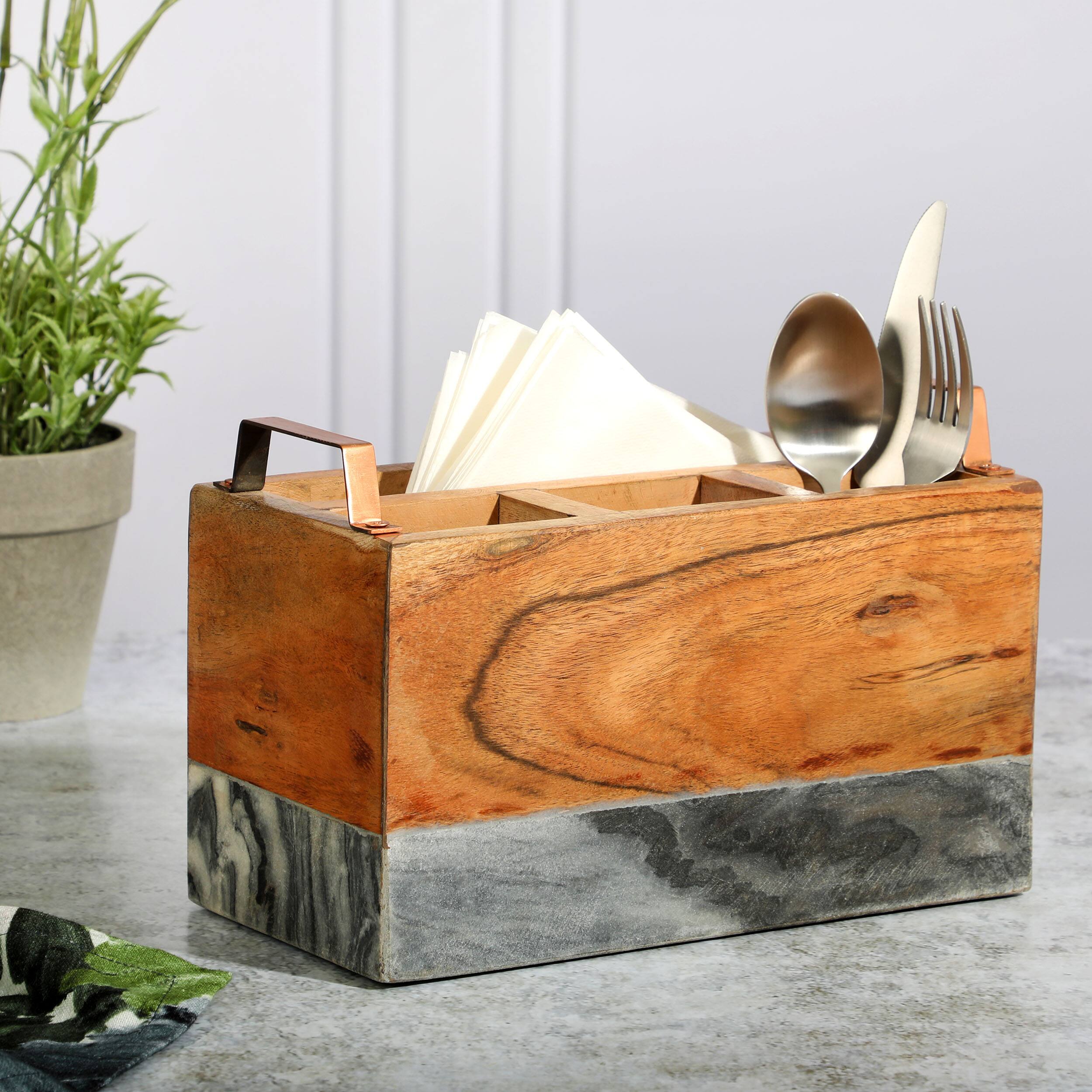 Alt View 5. Laurie Gates - Laurie Gates California Designs Grey Marble and Acacia Wood Salad Server Holder - Brown.