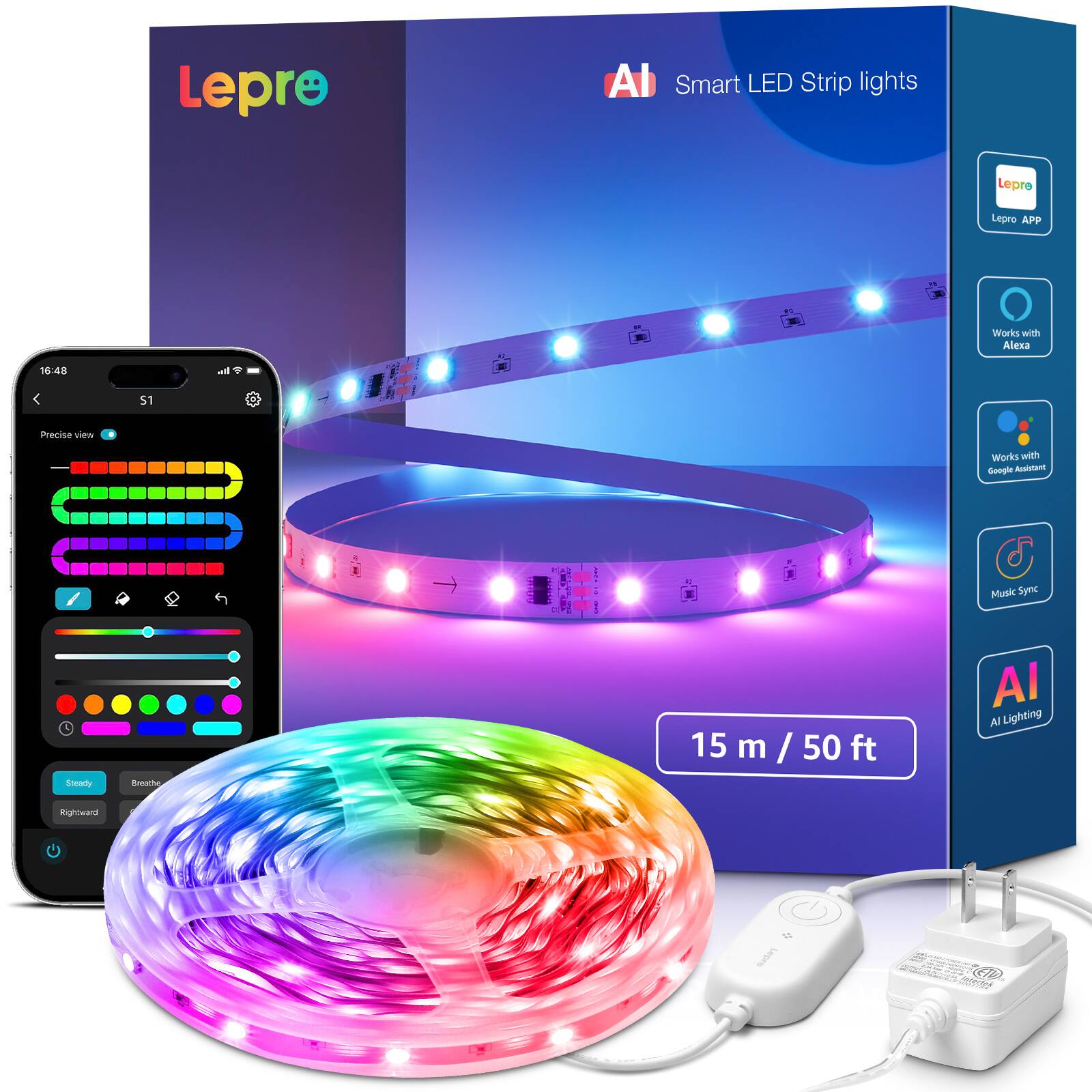 Lepro - S1 50ft AI Smart LED RGBIC Strip Lights WiFi Bluetooth APP Control - Multicolor