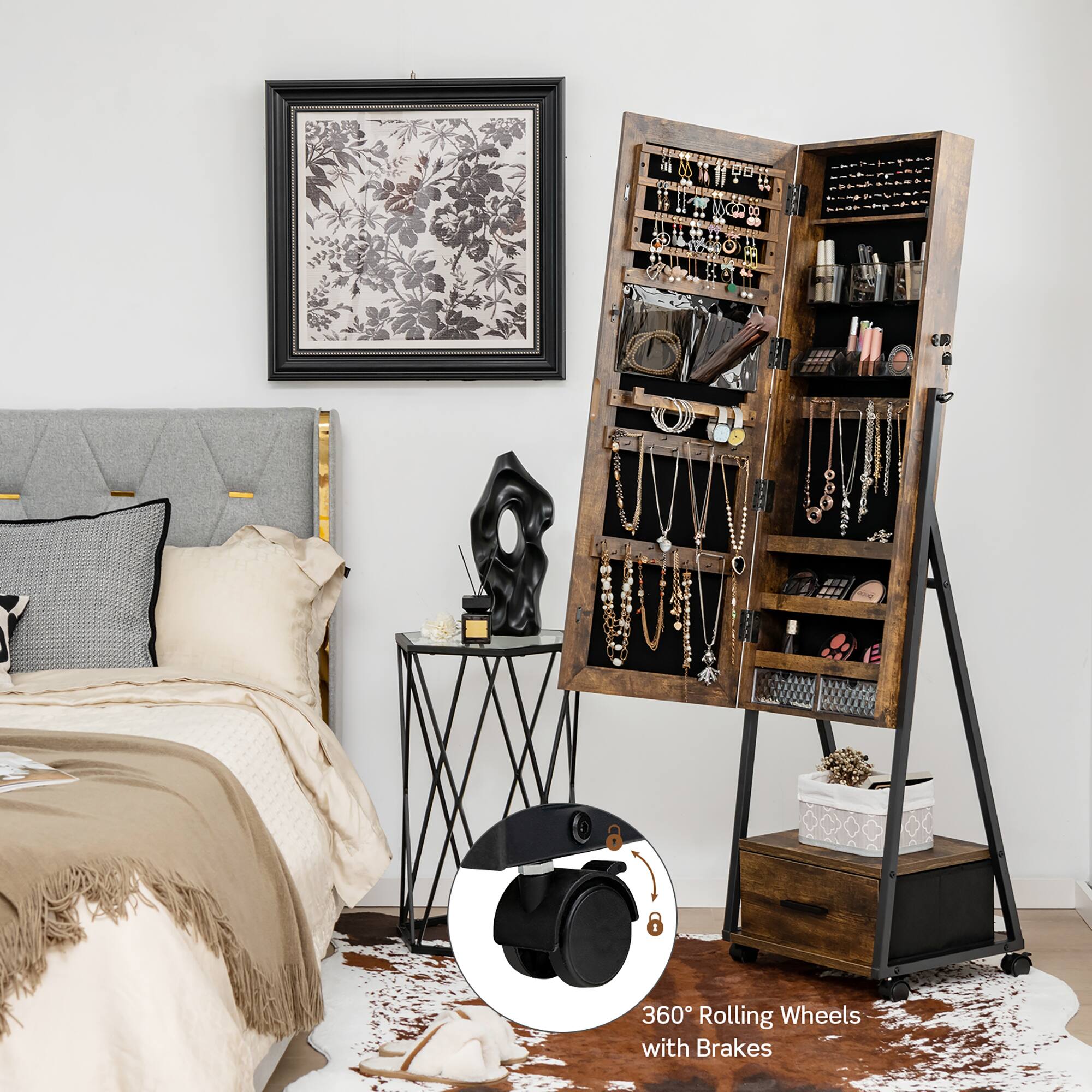 The text on the image reads "360 Rolling Wheels with Brakes."