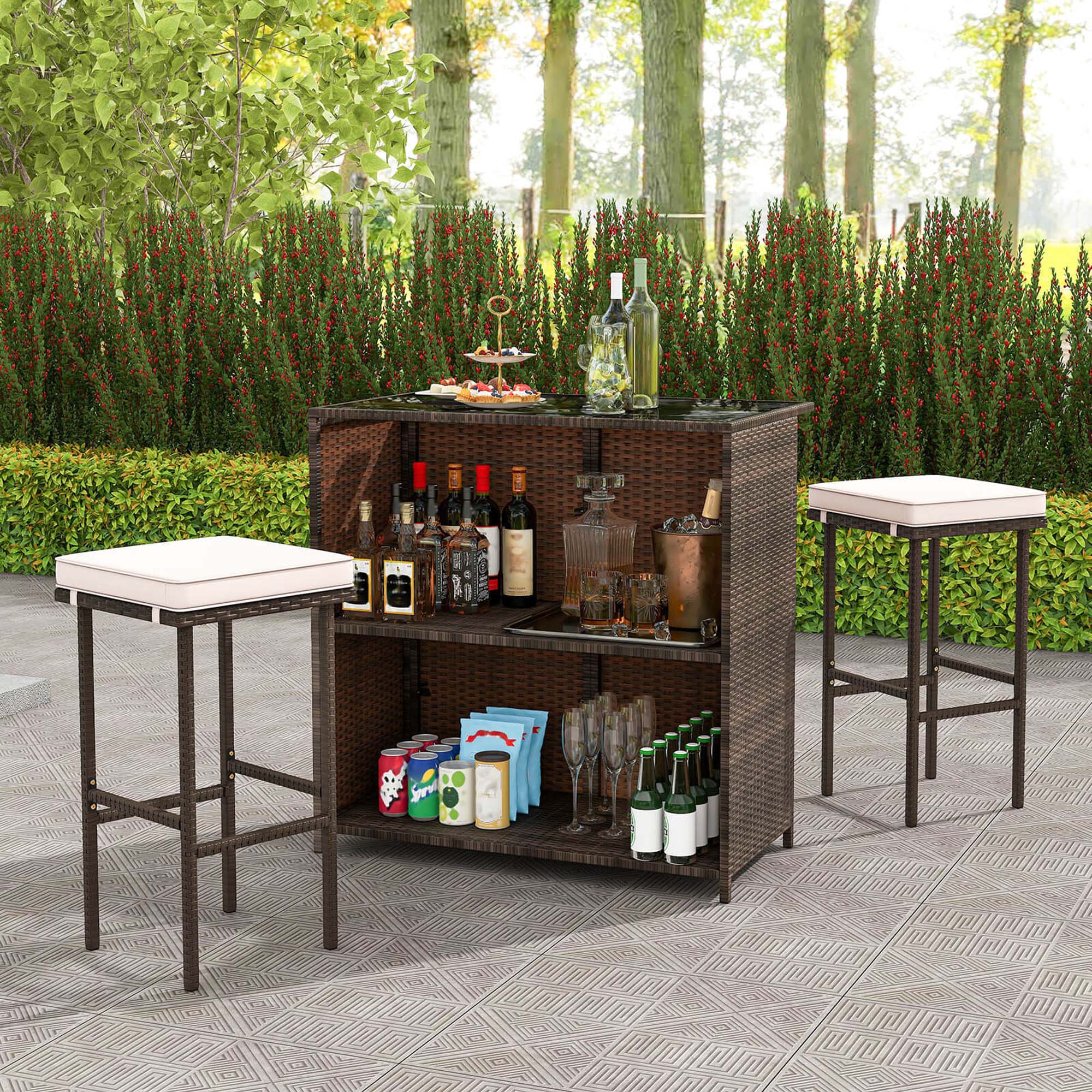 Back. Costway - 3 PCS Patio Bar Set with Tempered Glass Tabletop 2-Tier Storage Removable Cushions - Mix Brown + Beige.