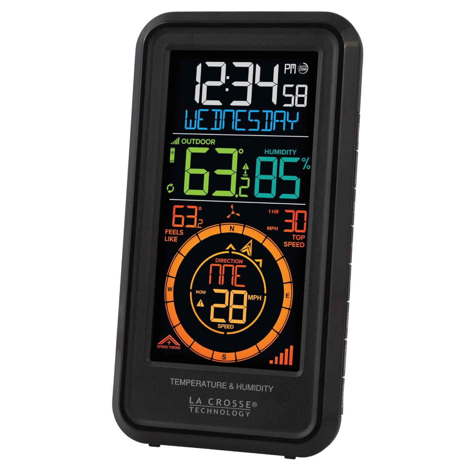 PM 12:34 58  
WEDNESDAY  

OUTDOOR  
63°F  
HUMIDITY 85%  

FEELS LIKE 63°F  

1HR 30 MPH  
TOP SPEED 28 MPH  

DIRECTION NOW  
SPEED TREND  

TEMPERATURE & HUMIDITY  
LA CROSSE TECHNOLOGY