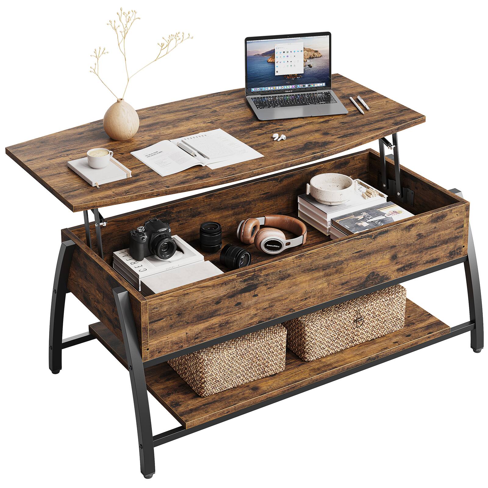 The image features a wooden desk with a laptop, a cup, a vase, and a book. The desk also has a shelf with a basket and a drawer, which contains a camera, a cell phone, and a pair of headphones. The desk is organized and ready for work.