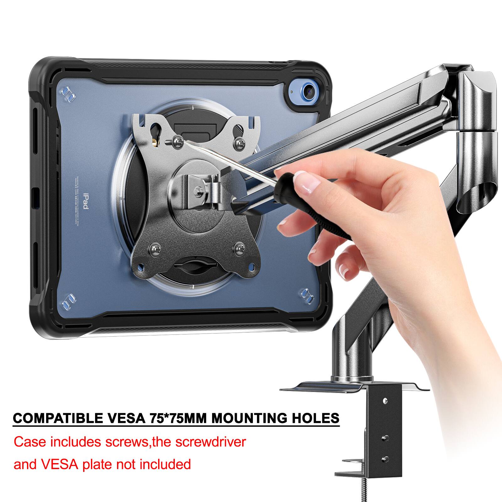 COMPATIBLE VESA 75*75MM MOUNTING HOLES  
Case includes screws, the screwdriver and VESA plate not included