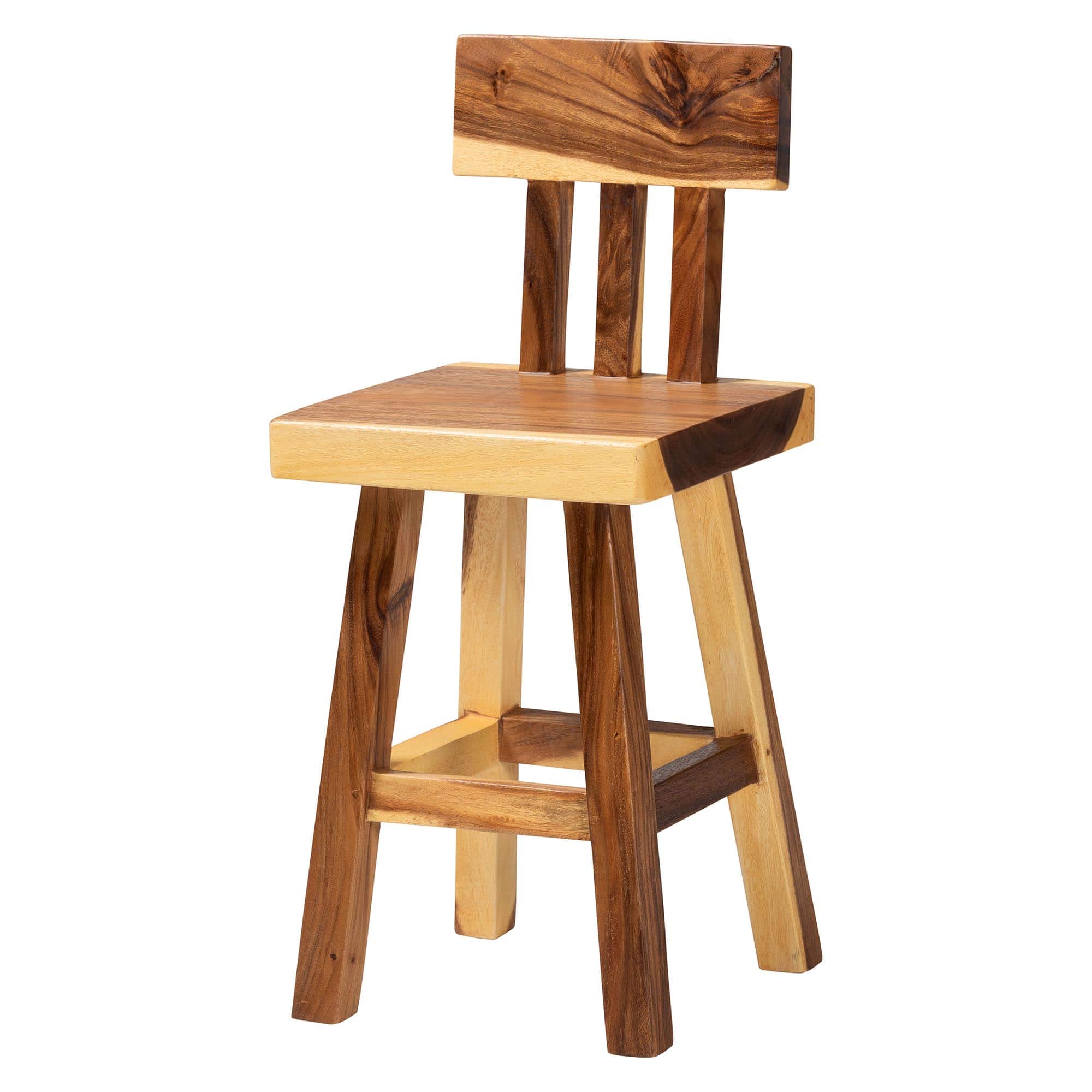 bali & pari - Luli Suar Wood Counter Stool - Handcrafted Solid Wood Stool with Backrest, Rustic Modern Seating - Natural Brown