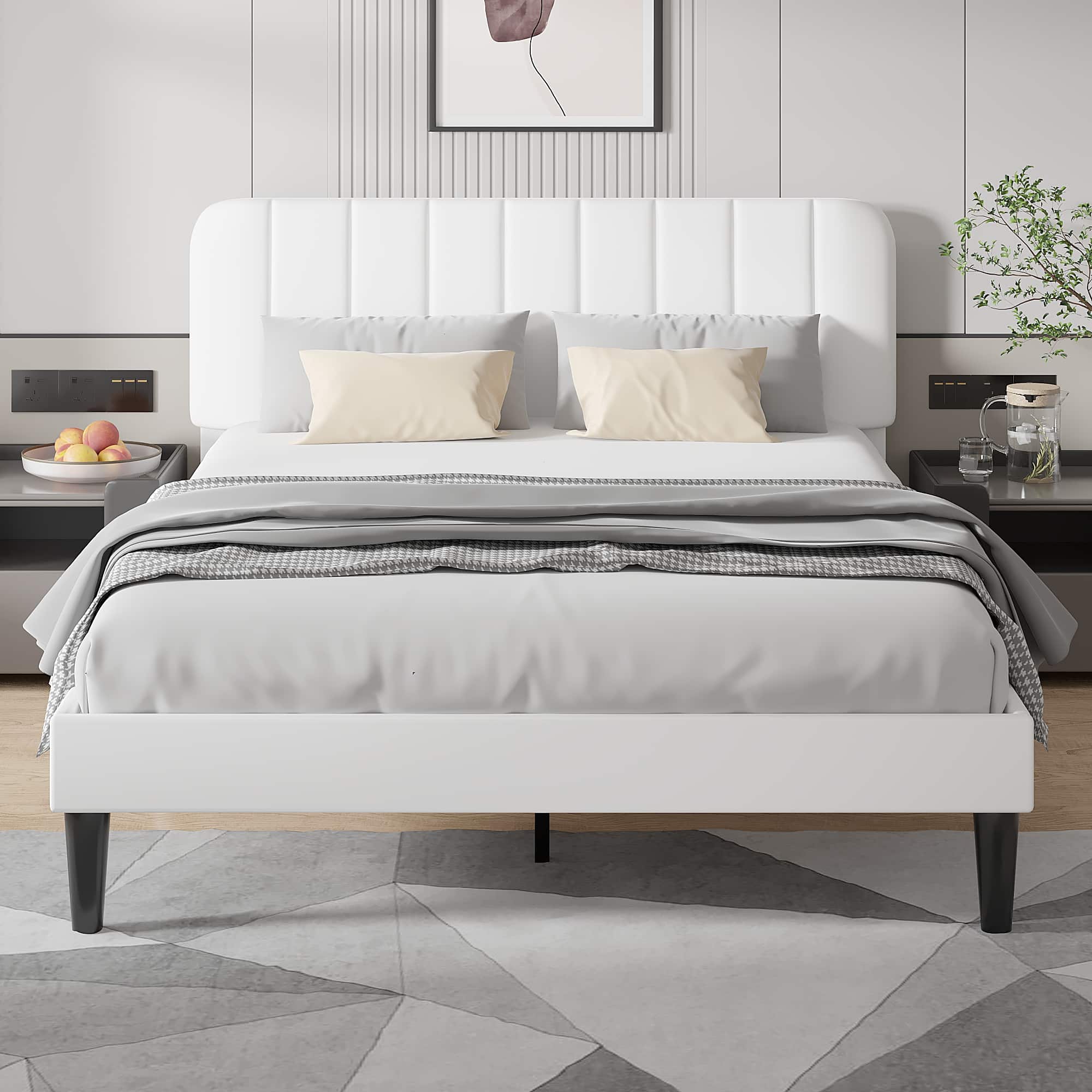 Vecelo - Upholstered Full Size Platform Bed Frame with Adjustable Headboard,Velvet Bed Frame No Box Spring Needed - White