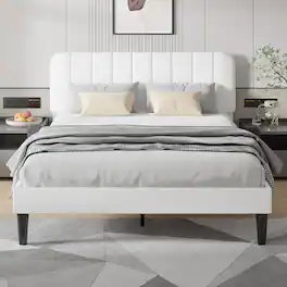 Vecelo - Upholstered Full Size Platform Bed Frame with Adjustable Headboard,Velvet Bed Frame No Box Spring Needed - White