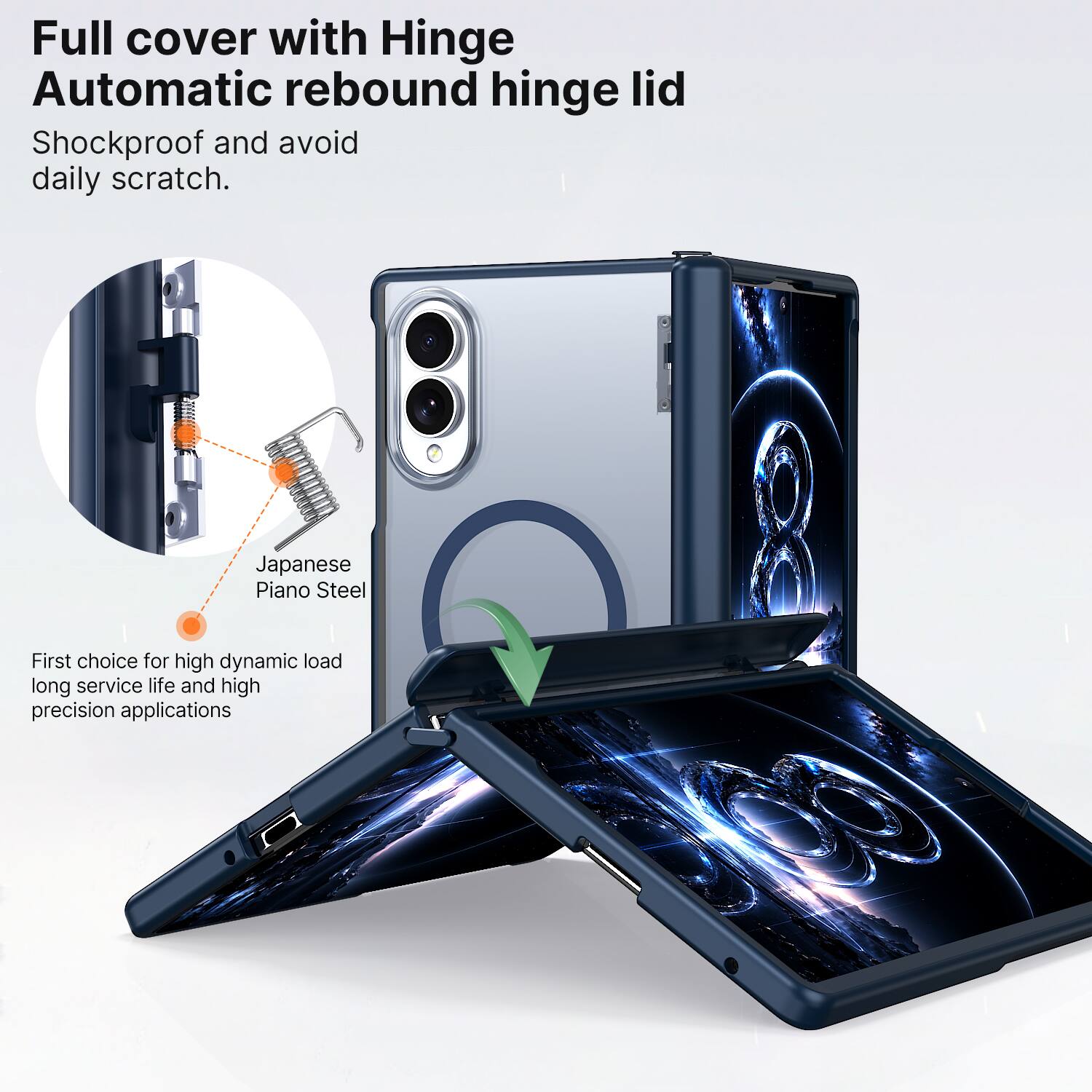 Full cover with Hinge Automatic rebound hinge lid  
Shockproof and avoid daily scratch.  

Japanese Piano Steel  
First choice for high dynamic load long service life and high precision applications