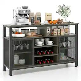 Pefilos - 55-Inch Buffet Sideboard, Cabinet with 8-Bottle Wine Racks and Wine Glass Holders, Cabinet for Indoor - Gray