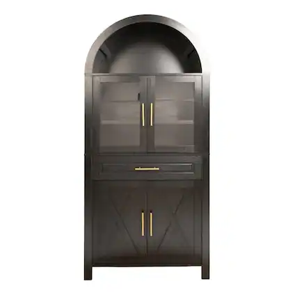 Front. Kadyn - 71" Arched Pantry Cabinet with Glass Door and Barn Door Design - Black - Black.
