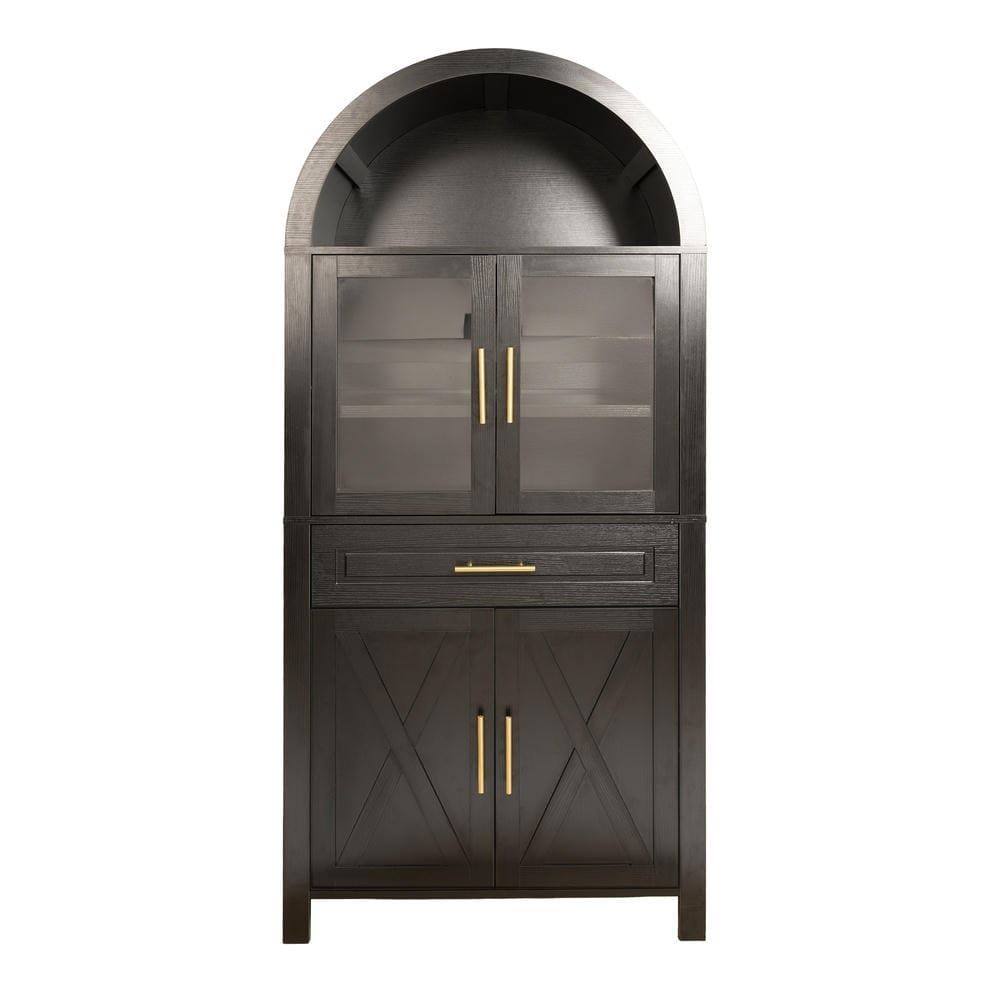 Front. Kadyn - 71" Arched Pantry Cabinet with Glass Door and Barn Door Design - Black - Black.