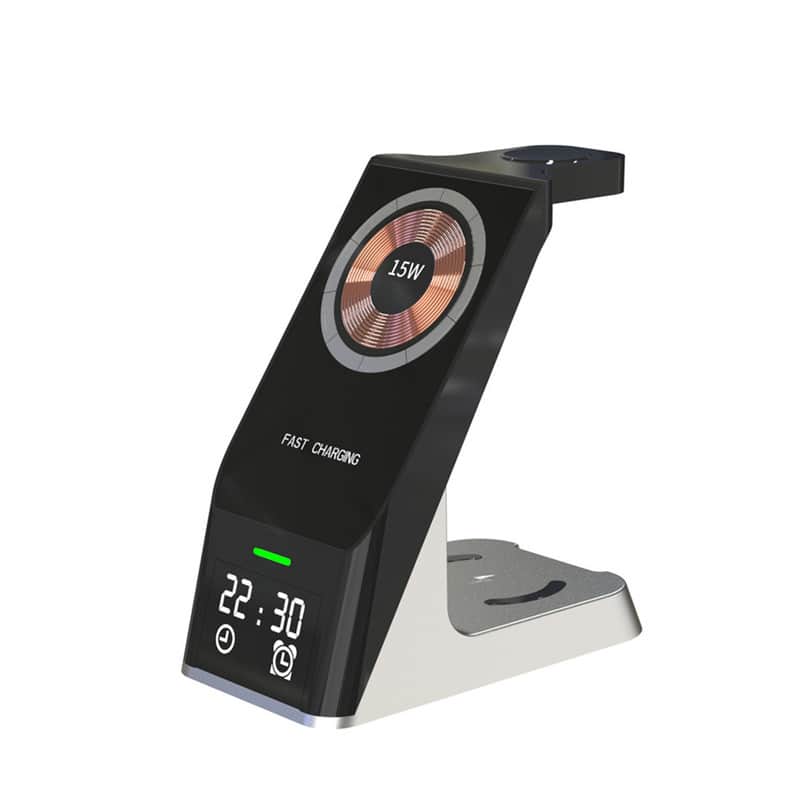 RISOKEYS - 6-in-1 Multi-Function Clock Alarm - 15W Fast Charging Station Compatible with Apple 14 Magnetic Phone Wireless Charger - Black