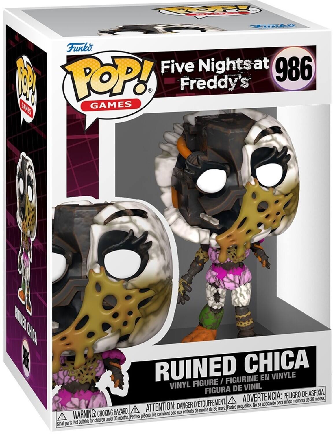 POP! Funko Five Nights at 986 Freddy's GAMES RUINED CHICA 3 RUINED CHICA FIGURINE EN VINYLE FIGURE I VINYL DE VINIL FIGURA DE ASFIXIA ADVERTENCIA: PELIGRO DE ASFIXIA. ATTENTION: DANGER D'ÉTOUFFEMENT. Partes pequeñas. No es adecuado para niños menores de 36 meses. WARNING: CHOKING HAZARD. Small parts. Not suitable for children under 36 months.