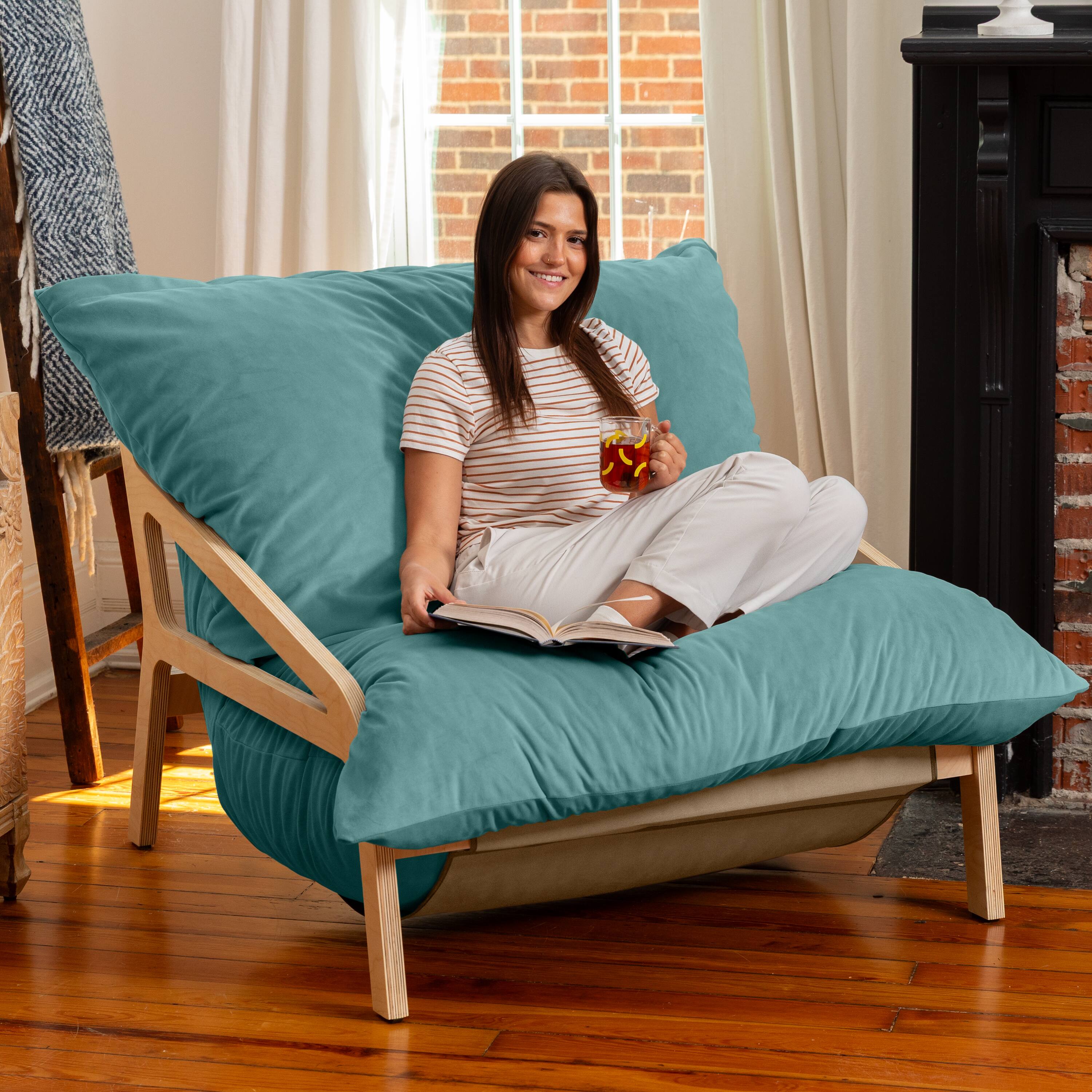 Left. Jaxx - Pillow Saxx Dream Lounger with Wood Frame - 3-in-1 Bean Bag Accent Chair, Recliner & Sleeper, Lush Velvet Turquoise - Lush Velvet Turquoise.