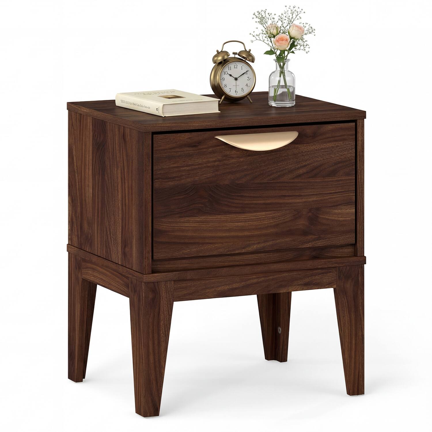 Alt View 2. WELLFOR - Mid-Century Modern Nightstand with Drawer and Tapered Feet - Walnut.