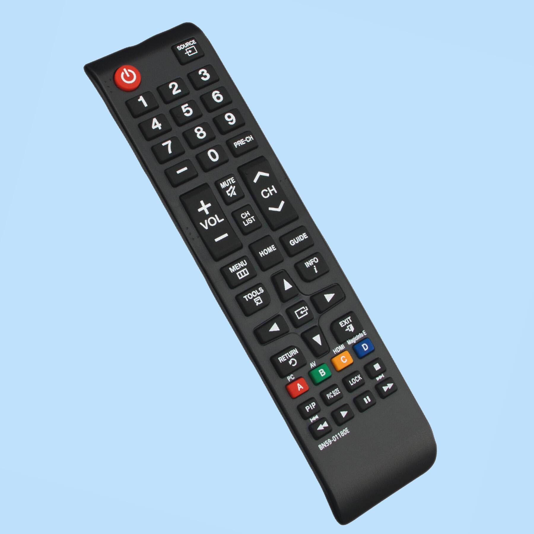 SOURCE  
1 2 3 4 5 6 7 8 9 0  
PRE-CH  
MUTE  
VOL  
CH  
LIST  
HOME  
GUIDE  
INFO  
TOOLS  
EXIT  
RETURN  
PC  
AV  
PIP  
LOCK  
A  
B  
C  
D  
E  
F  
G  
H  
I  
J  
K  
L  
M  
N  
O  
P  
Q  
R  
S  
T  
U  
V  
W  
X  
Y  
Z  
BN59-01180E