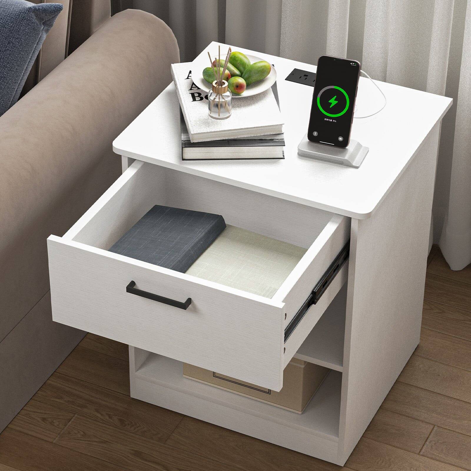 Alt View 4. Kadyn - Kadyn Wood Nightstand With Charging Station, Bedside Table With Wood Drawers And Open Shelf, Bedroom - White.