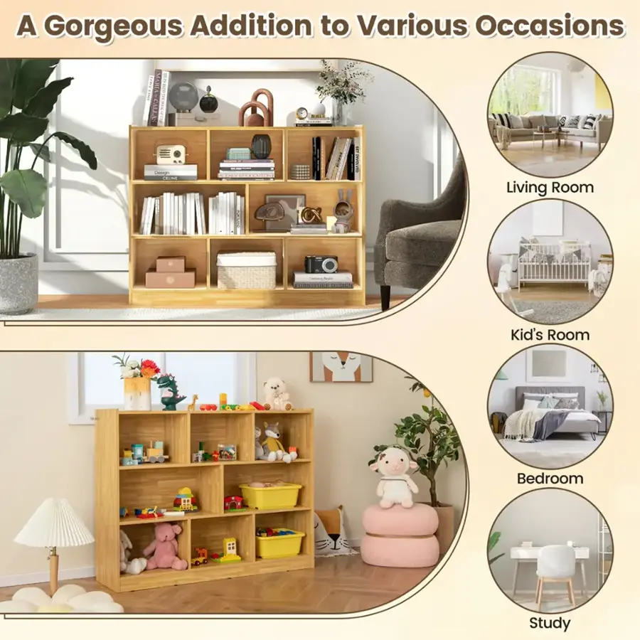 A Gorgeous Addition to Various Occasions: A beautiful wooden bookshelf filled with various items such as books, toys, and decorative objects. The bookshelf is situated in a living room, adding a touch of elegance and functionality to the space.