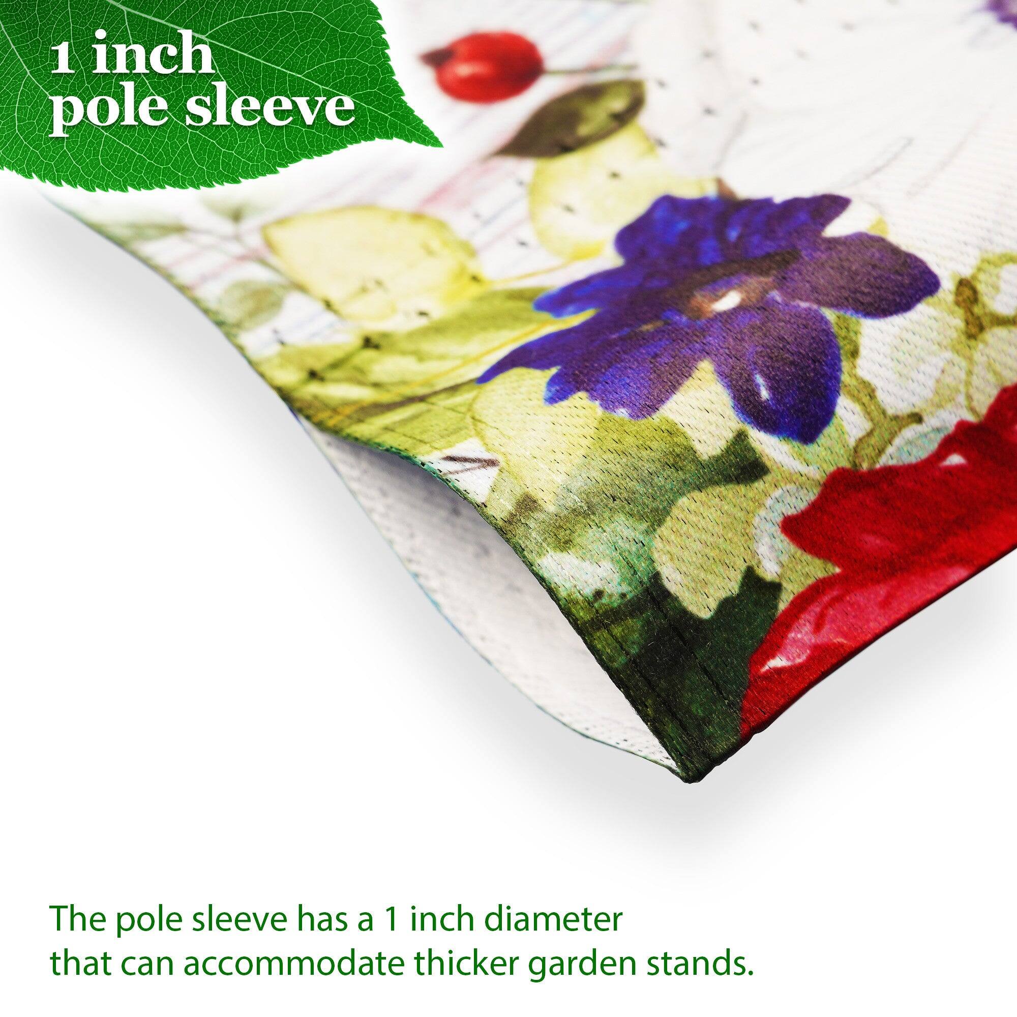 1 inch pole sleeve

The pole sleeve has a 1 inch diameter that can accommodate thicker garden stands.