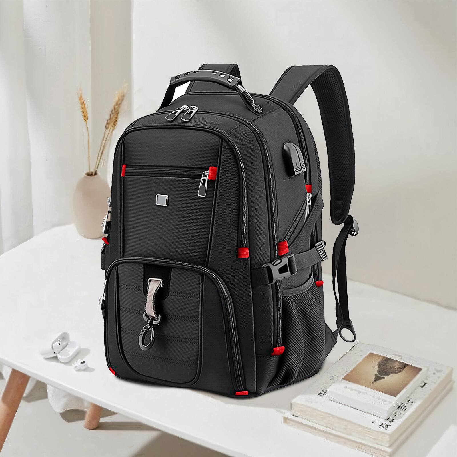 Alt View 9. HONGGE - Waterproof Laptop Backpack with USB Port for Travel and Work - Black.