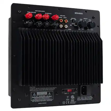 HIGH LEVEL IN/OUT FROM AMPLIFIER TO SPEAKERS
LOW LEVEL OUTPUT INPUT R
SPA250 AUTO ON PWR/PRT ON OFF GAIN FREQ,
PHASE REV NOR
MONO
MIN
MAX
40Hz 180Hz
CAUTION: DO NOT REMOVE THE RISK OF ELECTRIC SHOCK, TO REDUCE PARTS INSIDE COVER (OR BACK). NO USER-SERVICEABLE TO QUALIFIED SERVICE PERSONNEL REFER SERVICING CAUTION OF ELECTRICAL SHOCK DO NOT OPEN HAZARD-DO NOT OPEN CUMPAN SHOCK ELECTRIQUE-NE PAS OUVRIR AVIS RISQUE DE CHOC
SUITABLE FOR N-WALL MOUNTING NOT MADE IN TAIWAN
230V
115V FUSE:T5AL25 250V 115V-/80Hz W FUSE:T2.5AL250V 230V-/50Hz
Intertek POWER CONSUMPTION:400W 3076079 CONFORMS TO UL STD 60065