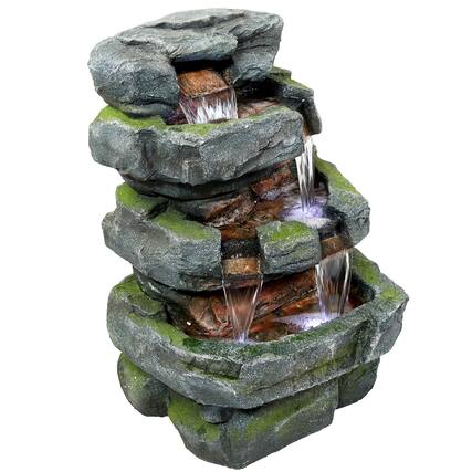 Front. Sunnydaze - Electric Tiered Stone Waterfall Fountain with LED Lights - 23 in - Light Brown.