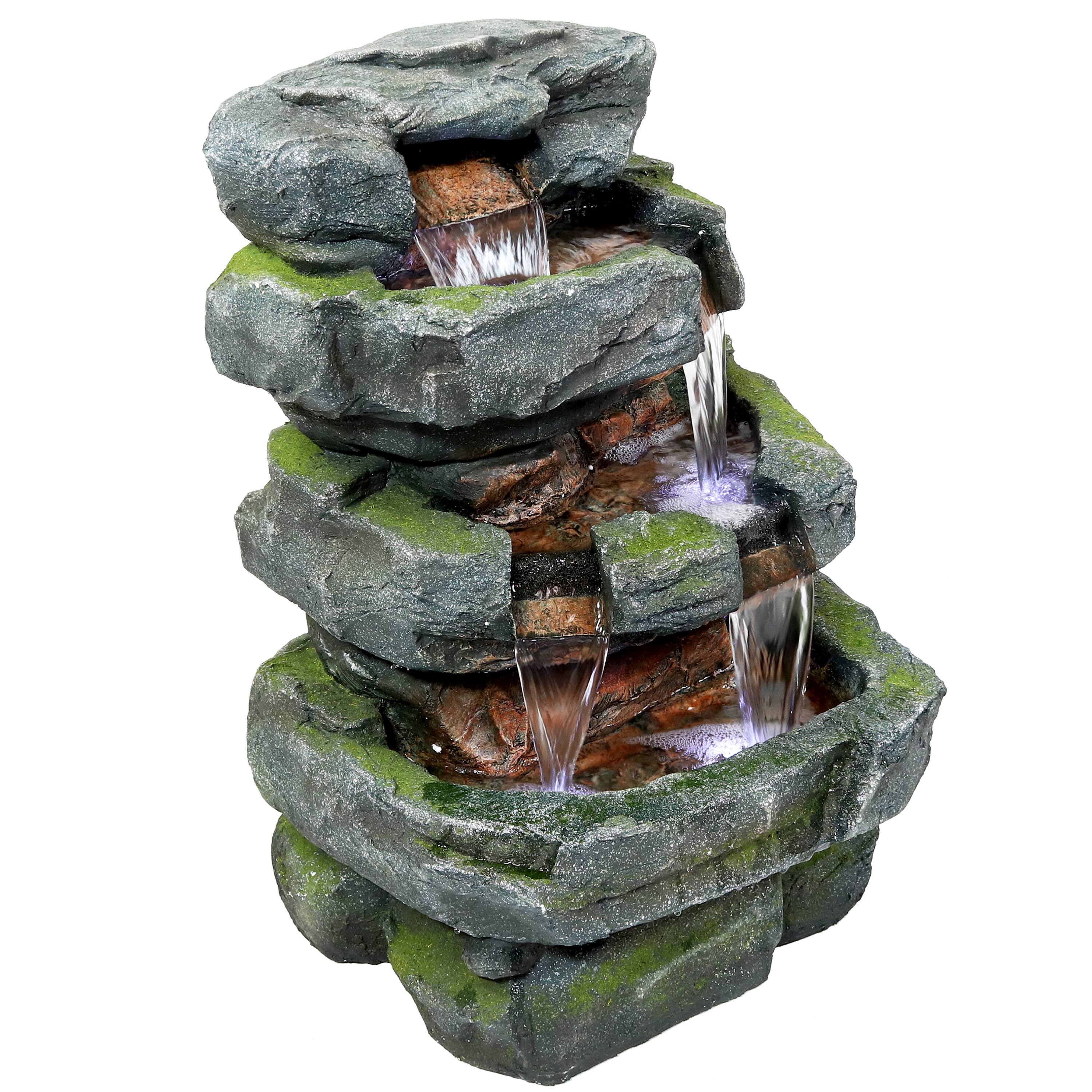 Front. Sunnydaze - Electric Tiered Stone Waterfall Fountain with LED Lights - 23 in - Light Brown.