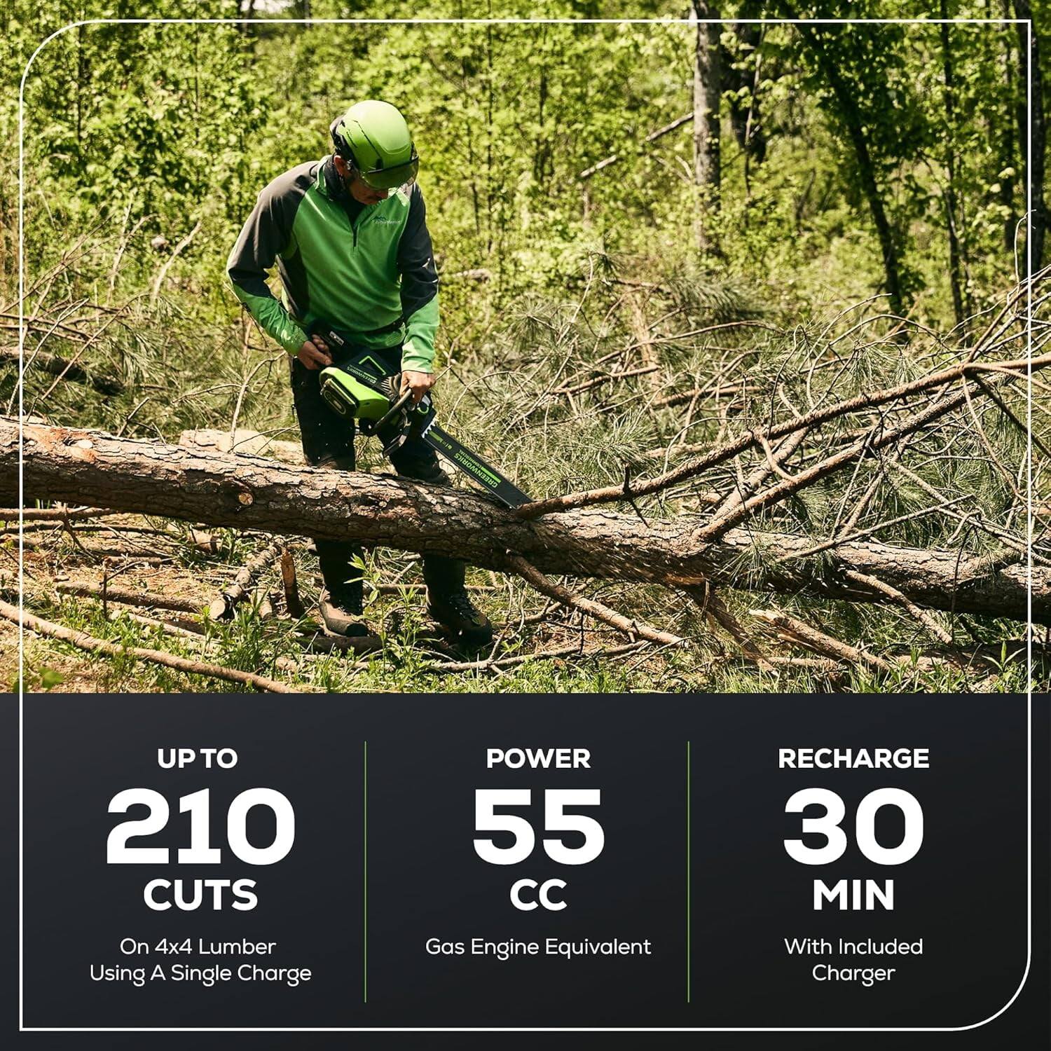 UP TO 210 CUTS  
On 4x4 Lumber Using A Single Charge  

POWER 55 CC  
Gas Engine Equivalent  

RECHARGE 30 MIN  
With Included Charger