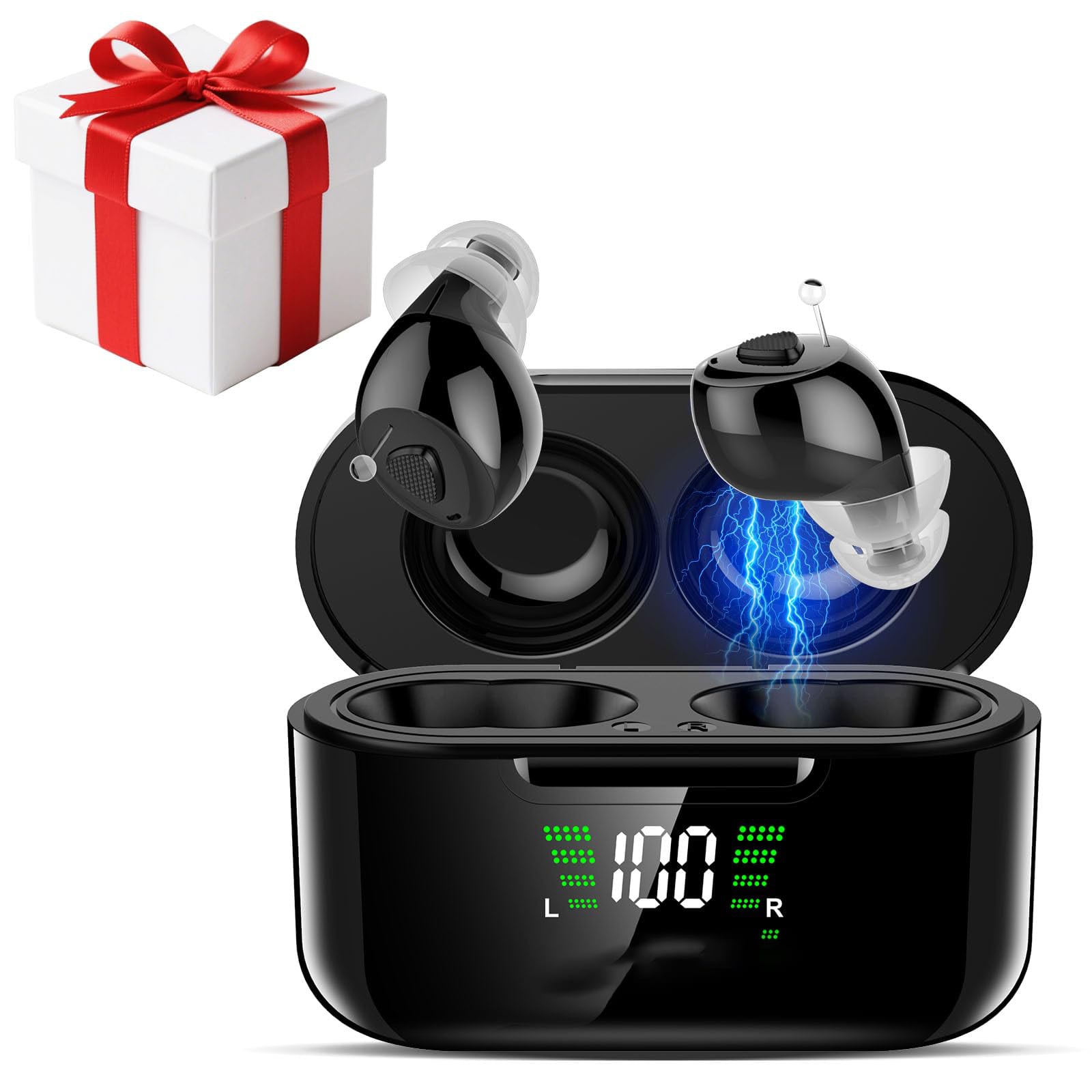 GlowWise - 32-ch rechargeable OTC hearing aids for adults/seniors. Noise-canceling, auto on/off, Mild-moderate hearing loss - Black