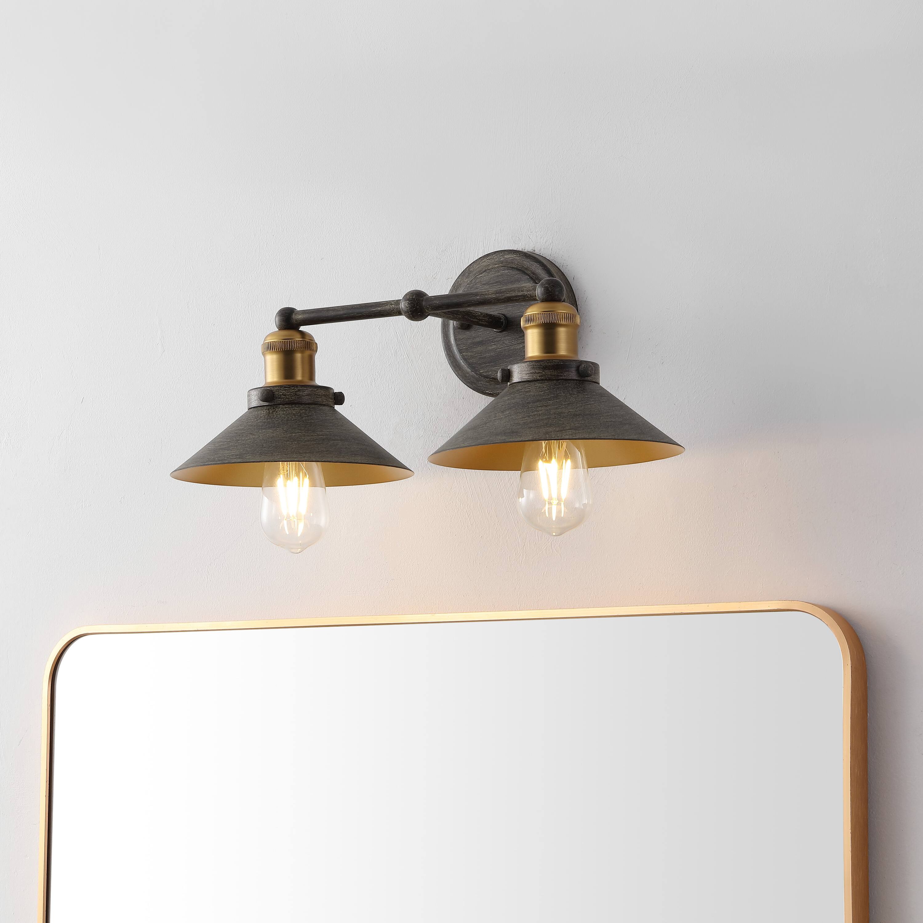 Alt View 1. Jonathan Y - July 17.5" 2-Light Industrial Farmhouse Metal Vanity Light, Rustic Dark Gray/Brass Gold - Rustic Dark Gray/Brass Gold.