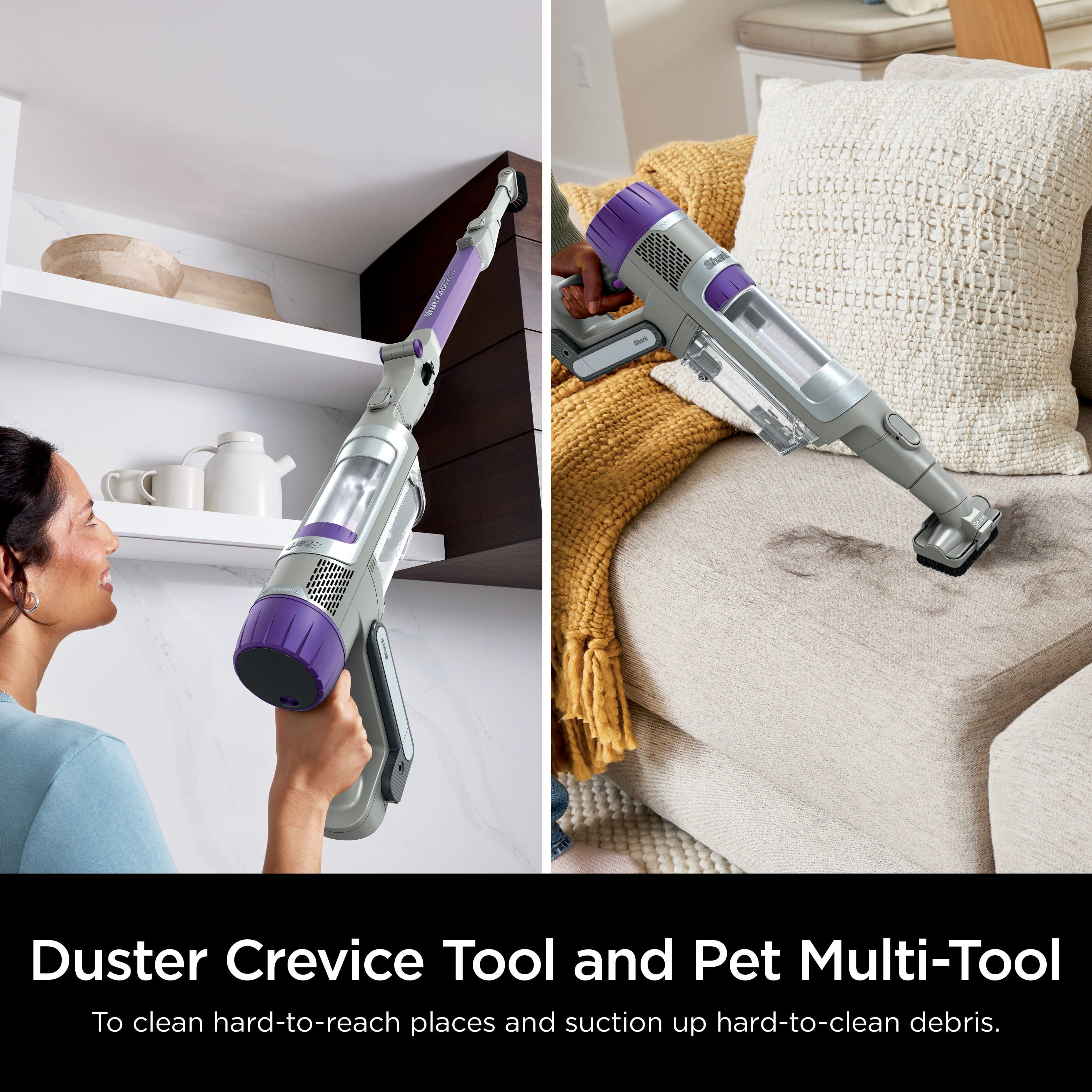 The image features a woman holding a Duster Crevice Tool and Pet Multi-Tool, which is designed to clean hard-to-reach places and suction up hard-to-clean debris.