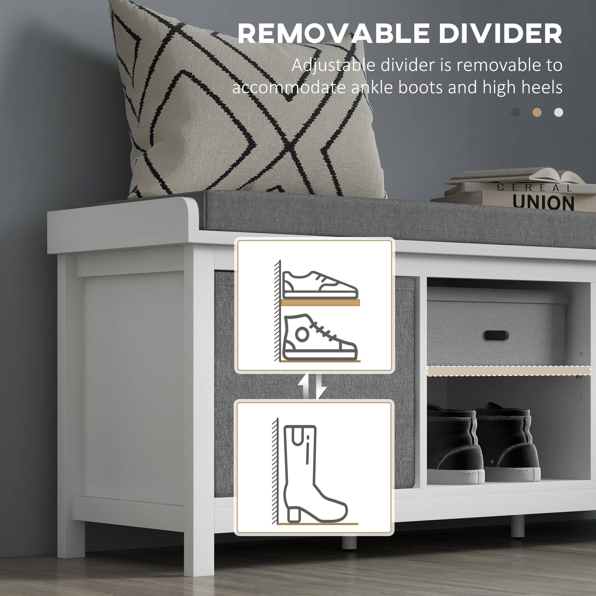 REMOVABLE DIVIDER Adjustable divider is removable to accommodate ankle boots and high heels