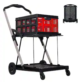 Acekool - Collapsible Shopping Cart 2-Tier Portable Utility Cart with Removable Storage Crate for Groceries Supermarket - Red