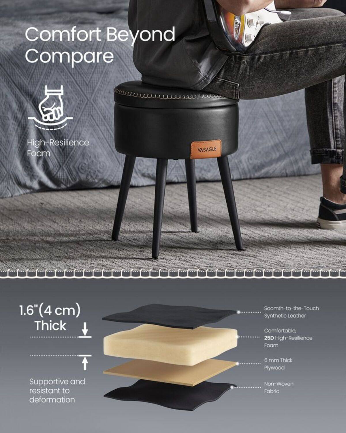 Comfort Beyond Compare

High-Resilience Foam

1.6" (4 cm) Thick

Supportive and resistant to deformation

Smooth-to-the-Touch Synthetic Leather

Comfortable, 25D High-Resilience Foam

6 mm Thick Plywood

Non-Woven Fabric