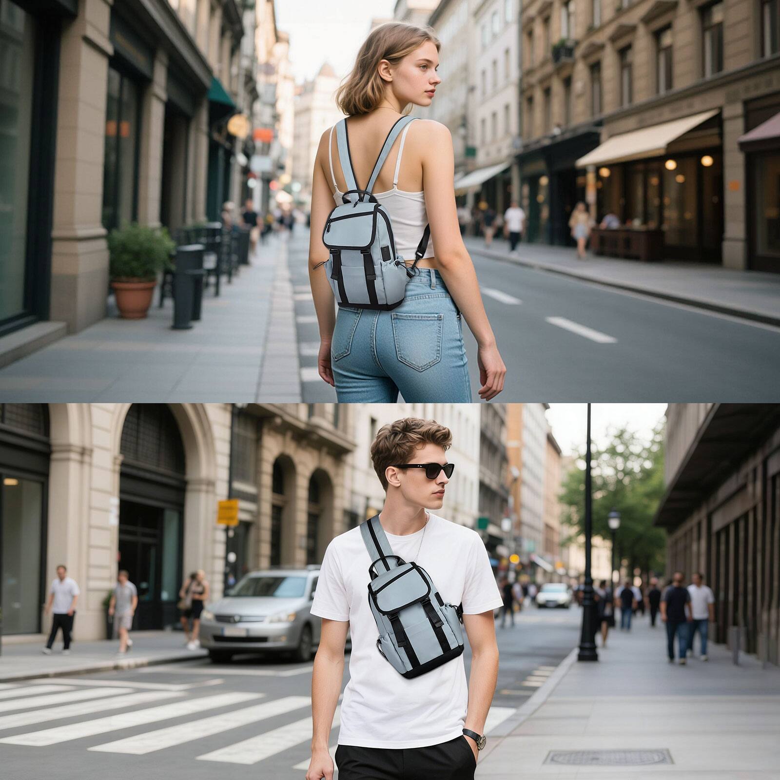 Alt View 1. Unique Bargains - Small Backpack Convertible Crossbody Bags with USB Charge Port Lightweight Casual Sling Shoulder for Outdoor Travel - Blue Gray.