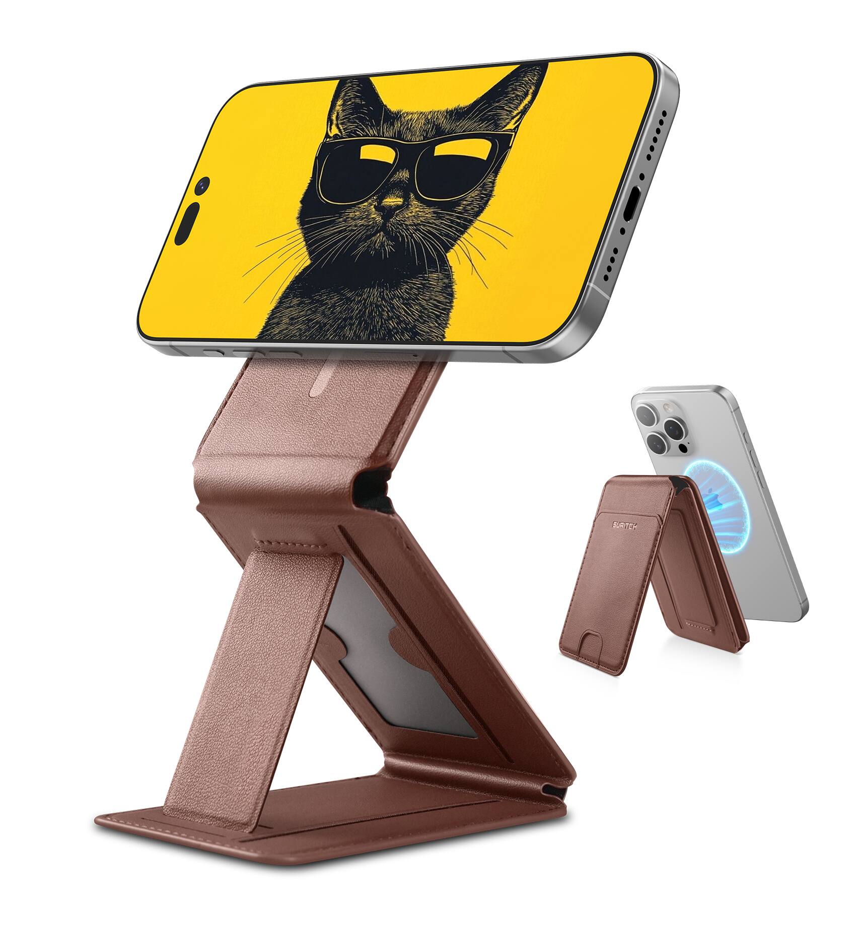 Angle. SURITCH - NFC-Supported Card Holder for iPhone 18/17/16/15/14/13/12 Series MagSafe Magnet Wallet, Adjustable Selfie Stick - Brown.