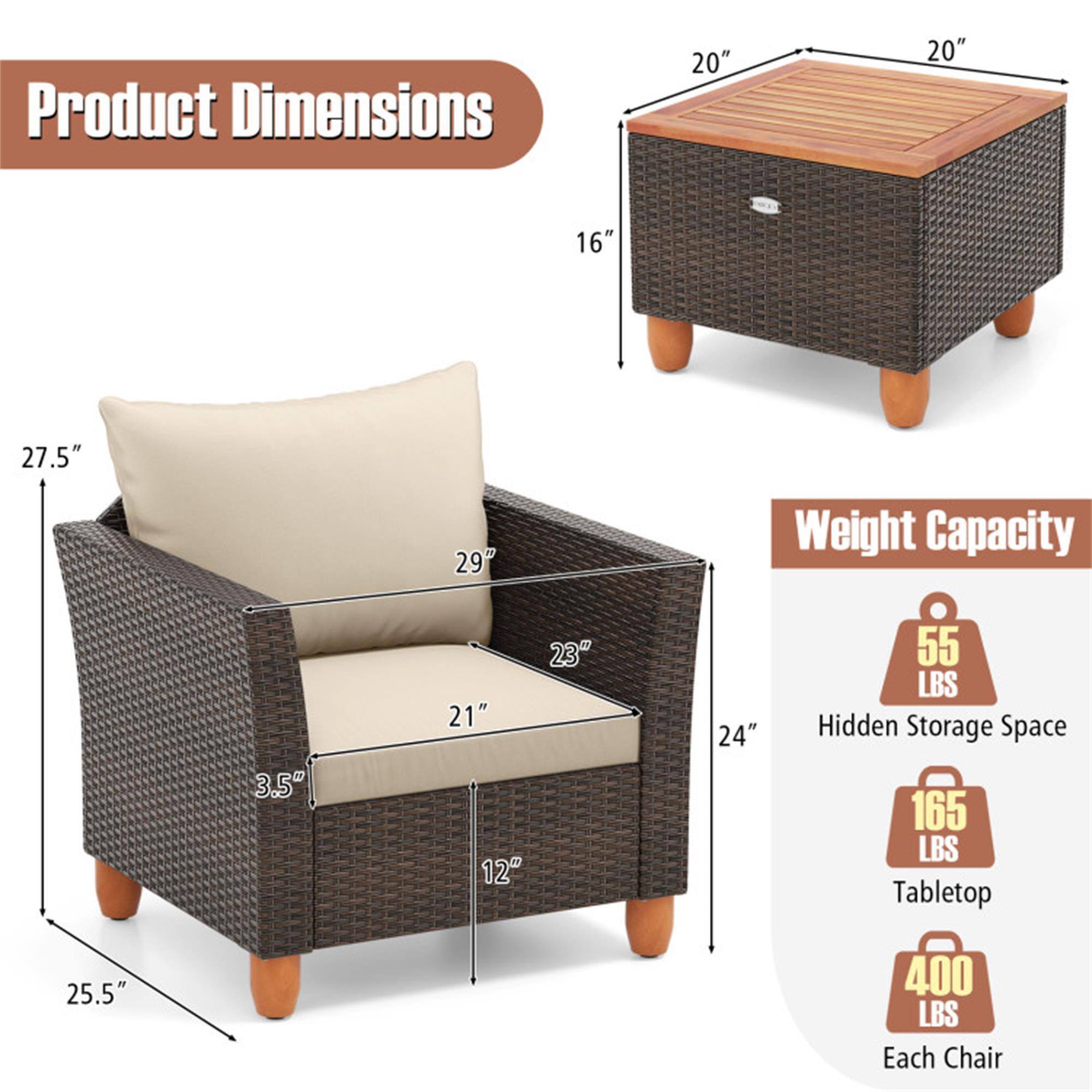 Product Dimensions  
- 20" x 20" x 16" (Tabletop)  
- 27.5" x 29" x 21" x 12" x 23" x 24" (Chair)  

Weight Capacity  
- Hidden Storage Space: 55 LBS  
- Tabletop: 165 LBS  
- Each Chair: 400 LBS