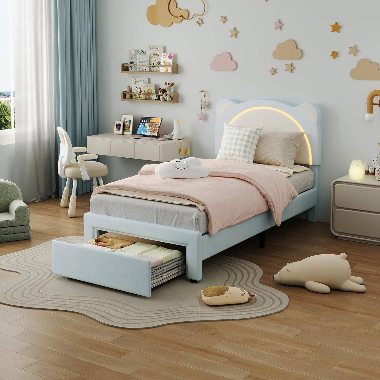 Alt View 2. GARVEE - Twin-XL Upholstered Bed with LED Headboard & Storage Drawer, Blue – Modern LED Lighting & Convenient Storage - Blue with Drawer.