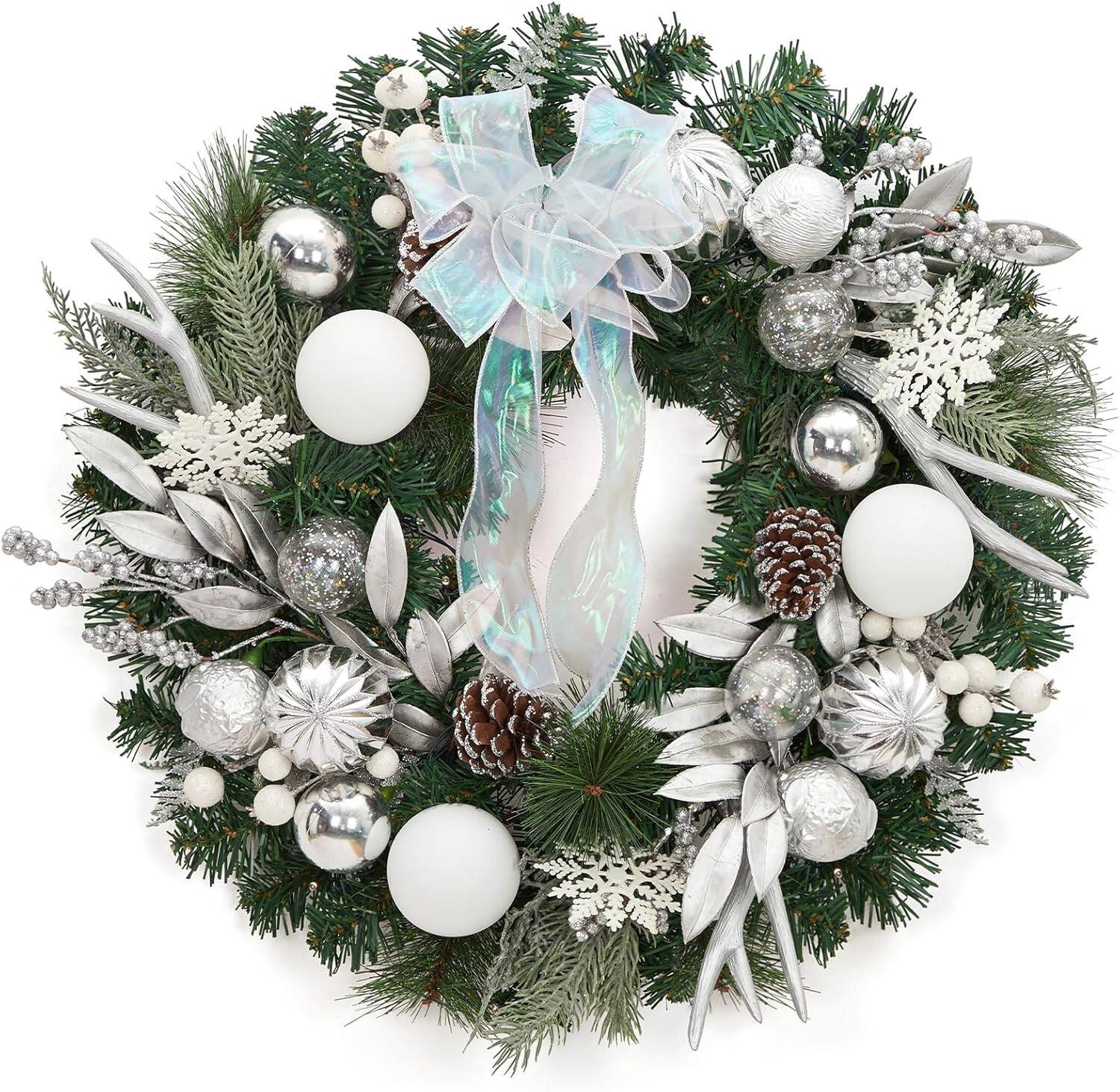GARVEE - 24 Inch Decoration Silver White Christmas Wreath with Iridescent Ribbon and Antlers, Christmas Balls, Pine Needles - Green