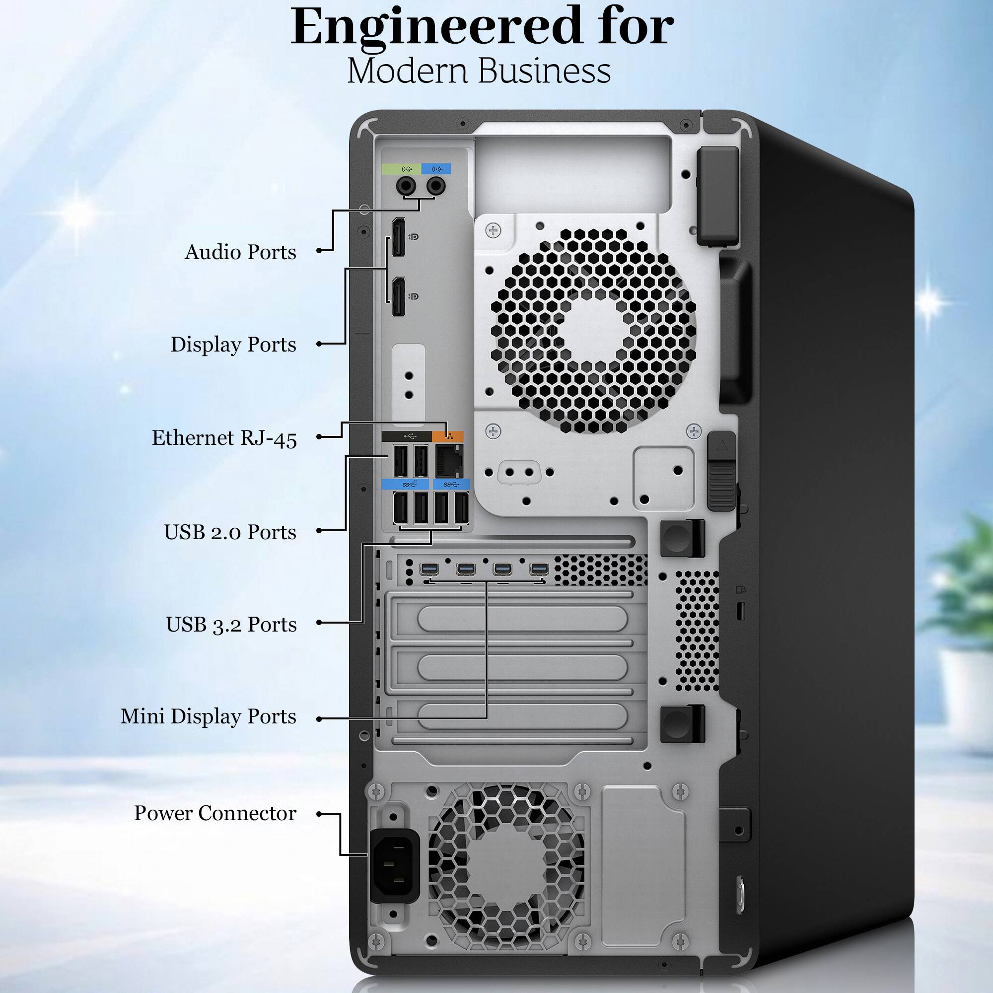 Engineered for Modern Business

- Audio Ports
- Display Ports
- Ethernet RJ-45
- USB 2.0 Ports
- USB 3.2 Ports
- Mini Display Ports
- Power Connector