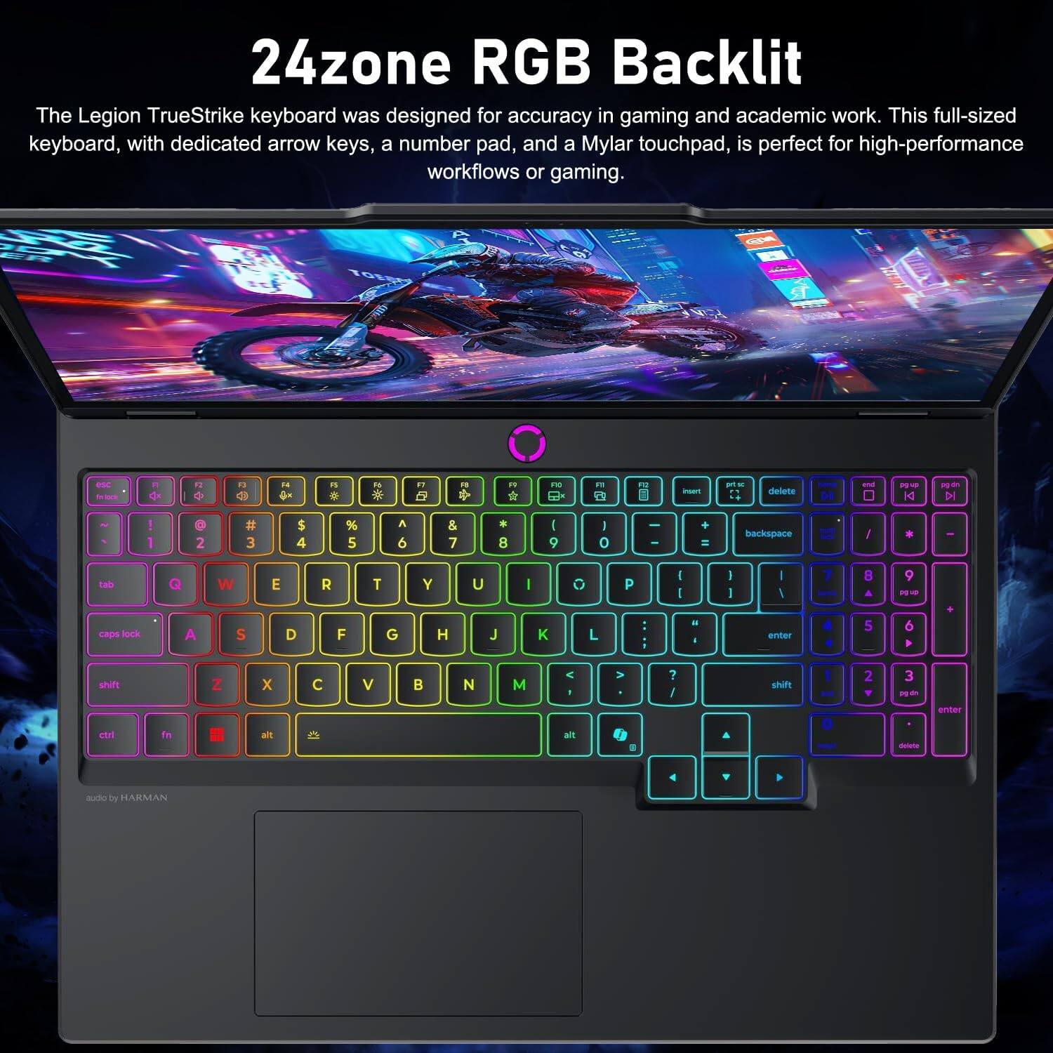 24zone RGB Backlit

The Legion TrueStrike keyboard was designed for accuracy in gaming and academic work. This full-sized keyboard, with dedicated arrow keys, a number pad, and a Mylar touchpad, is perfect for high-performance workflows or gaming.