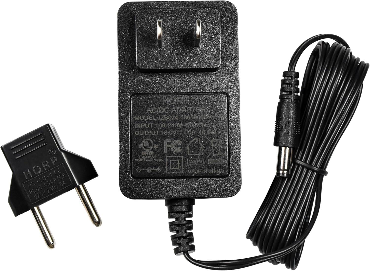 HQRP US-5U-1 ADAPTER CE 6A PLUG 250V 125V HORIZ AC/DC ADAPTER  
MODEL: JZB024-1801000  
MODEL JZB024-1801000  
INPUT: 100-240V 50/60Hz  
OUTPUT: 18.0V 1.0A  
FC  
E499581  
QOJO  
Power Supply  
ERVI  
MADE IN CHINA