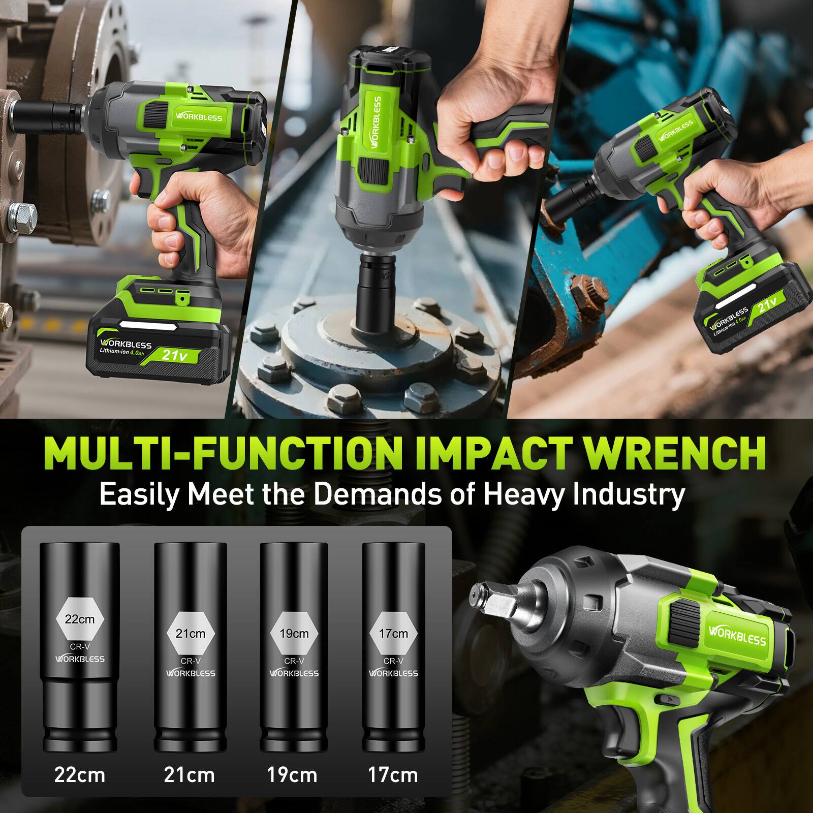 WORKBLESS 21v MULTI-FUNCTION IMPACT WRENCH Easily Meet the Demands of Heavy Industry

22cm CR-V WORKBLESS  
21cm CR-V WORKBLESS  
19cm CR-V WORKBLESS  
17cm CR-V WORKBLESS