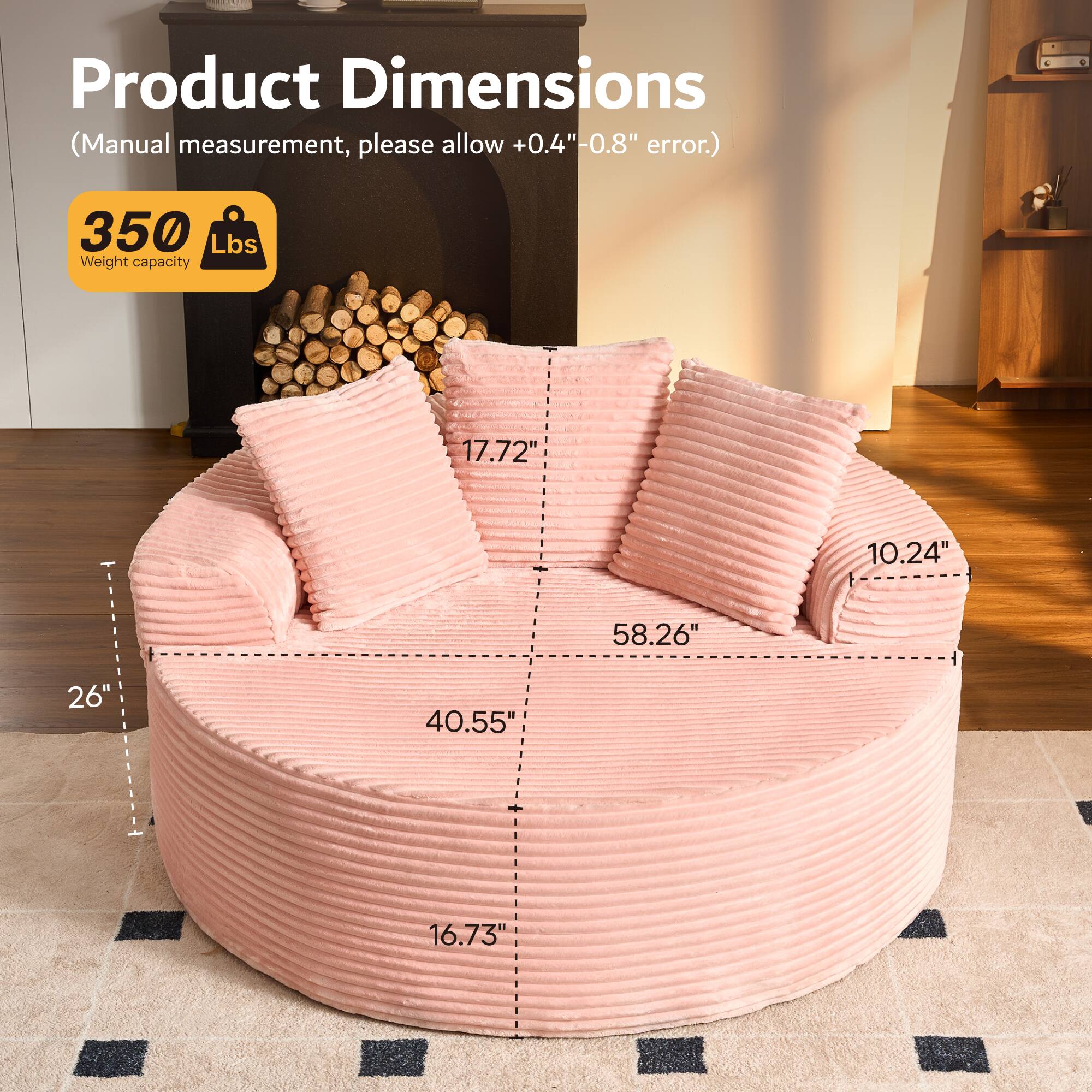 Product Dimensions  
(Manual measurement, please allow +0.4"-0.8" error.)  

350 Lbs  
Weight capacity  

17.72"  
10.24"  
58.26"  
26"  
40.55"  
16.73"