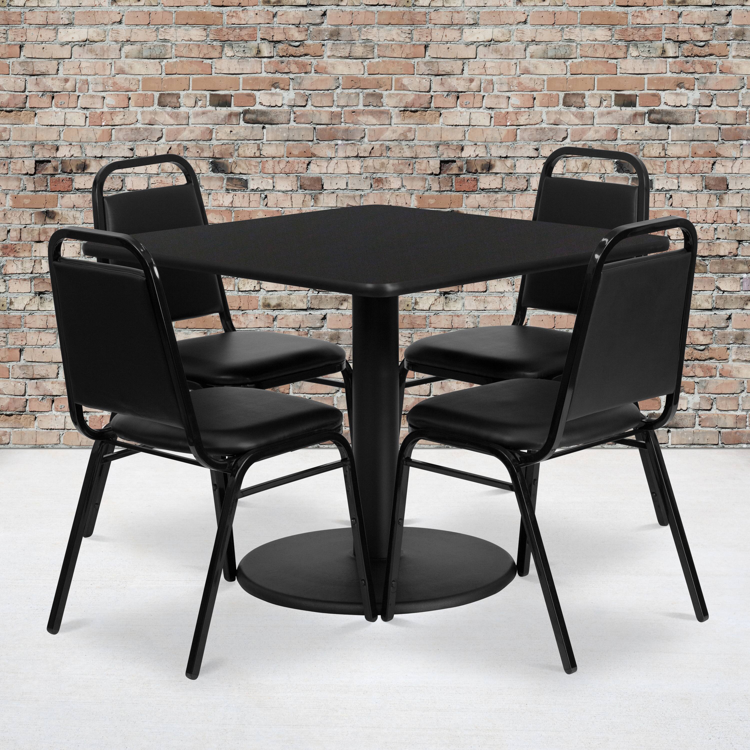 Alt View 1. Emma + Oliver - 36" Square Laminate Table Set with 4 Trapezoidal Banquet Chairs - Black Top/Black Vinyl Seat.