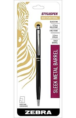 STYLUSPEN  
MULTIFUNCTIONAL  

BLACK INK  
- 0.7mm BALLPOINT  
- FIVE POINT STYLUS  
- 5.0mm  

TWIST BARREL  
SLEEK METAL BARREL  

PAPER AND SCREEN SUIT  

ZEBRA