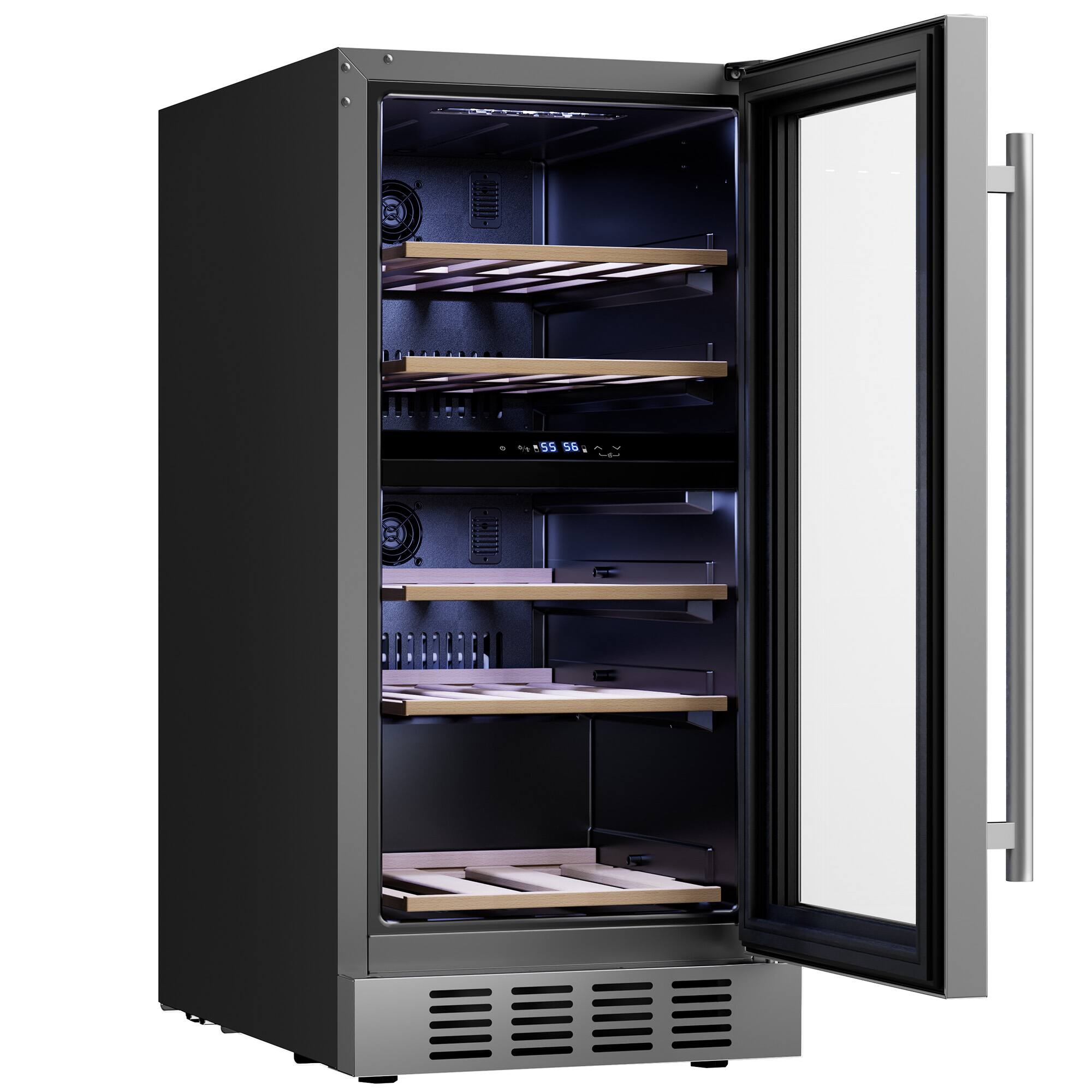 Left. Empava - 15 In. 26-bottle Dual Zone Wine Cooler Mini Fridge With 5 Beech Wood Shelves - Reversible Door For Home Bar In Black - Black.