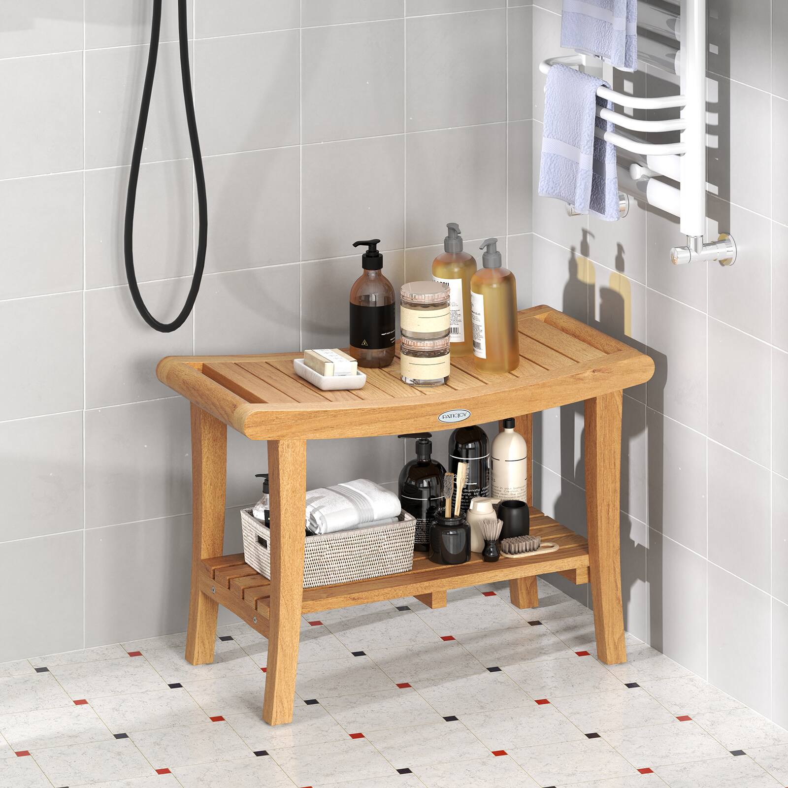 Alt View 1. Gymax - Gymax 30'' Large Teak Shower Stool w/ Storage Shelf Non-slip & Adjustable Foot Pads - Natural.