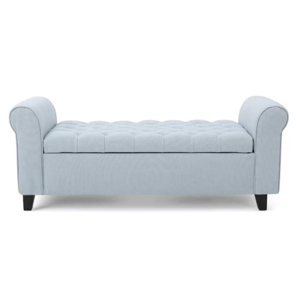 Front. PDTEND - Contemporary Storage Ottoman with Rolled Arms and Button Tufting in Wheat Fabric - Blue.